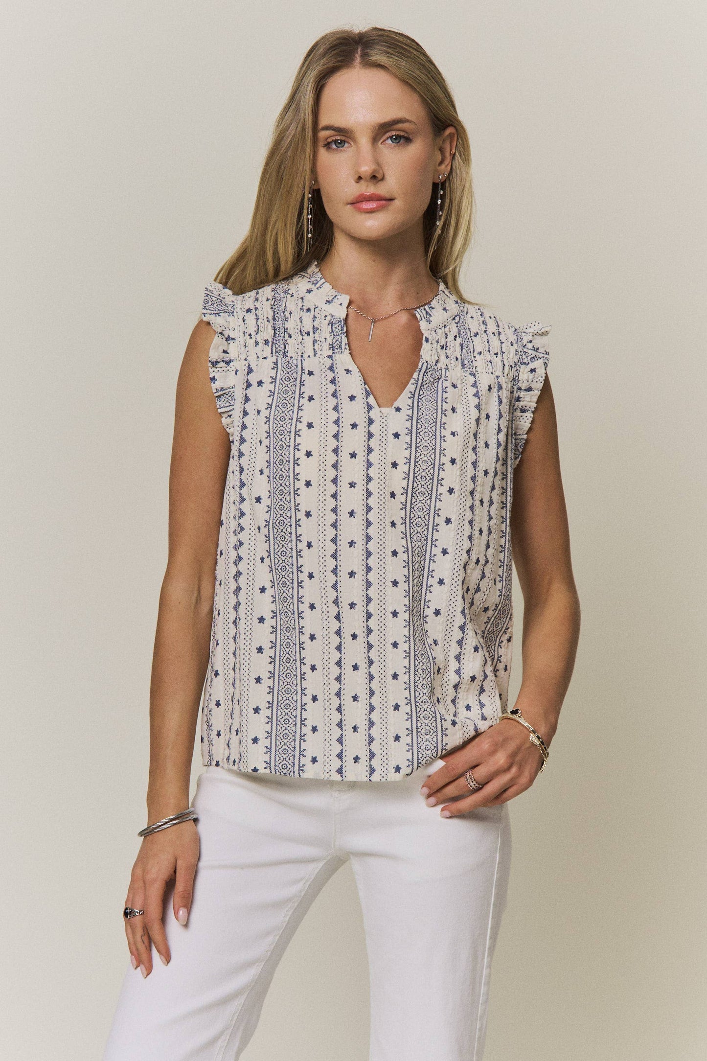BOHO PRINT RUFFLE CAP SLEEVE BLOUSE - CET4357