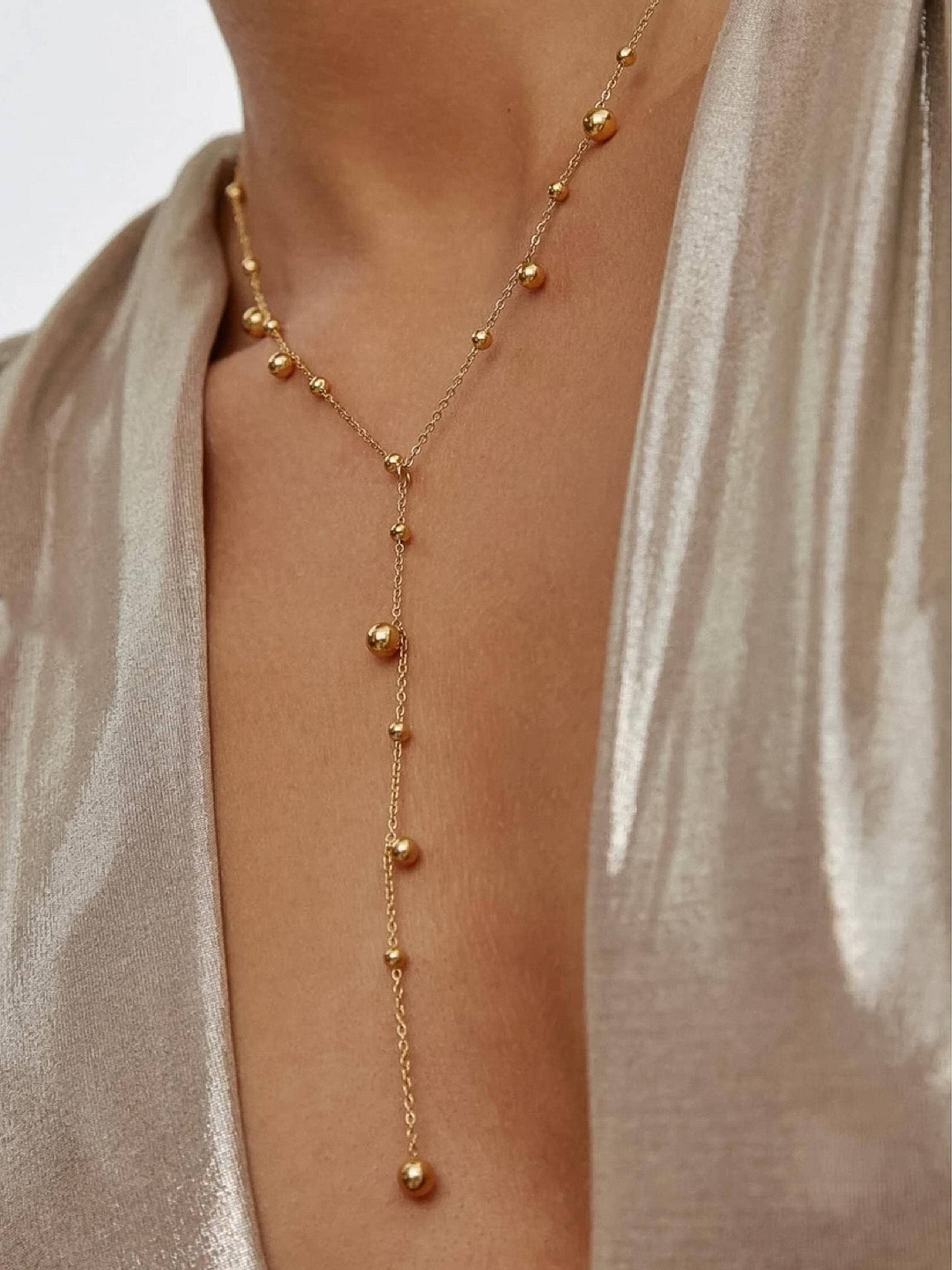 Brisse 18K Gold Non-Tarnish Dressy Beaded Y Lariat Necklace
