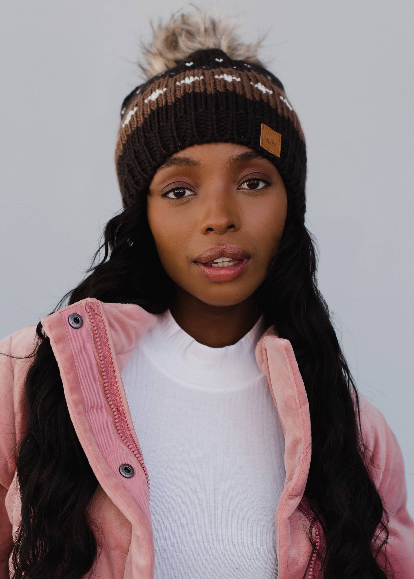 Dark Brown Patterned Pom Hat