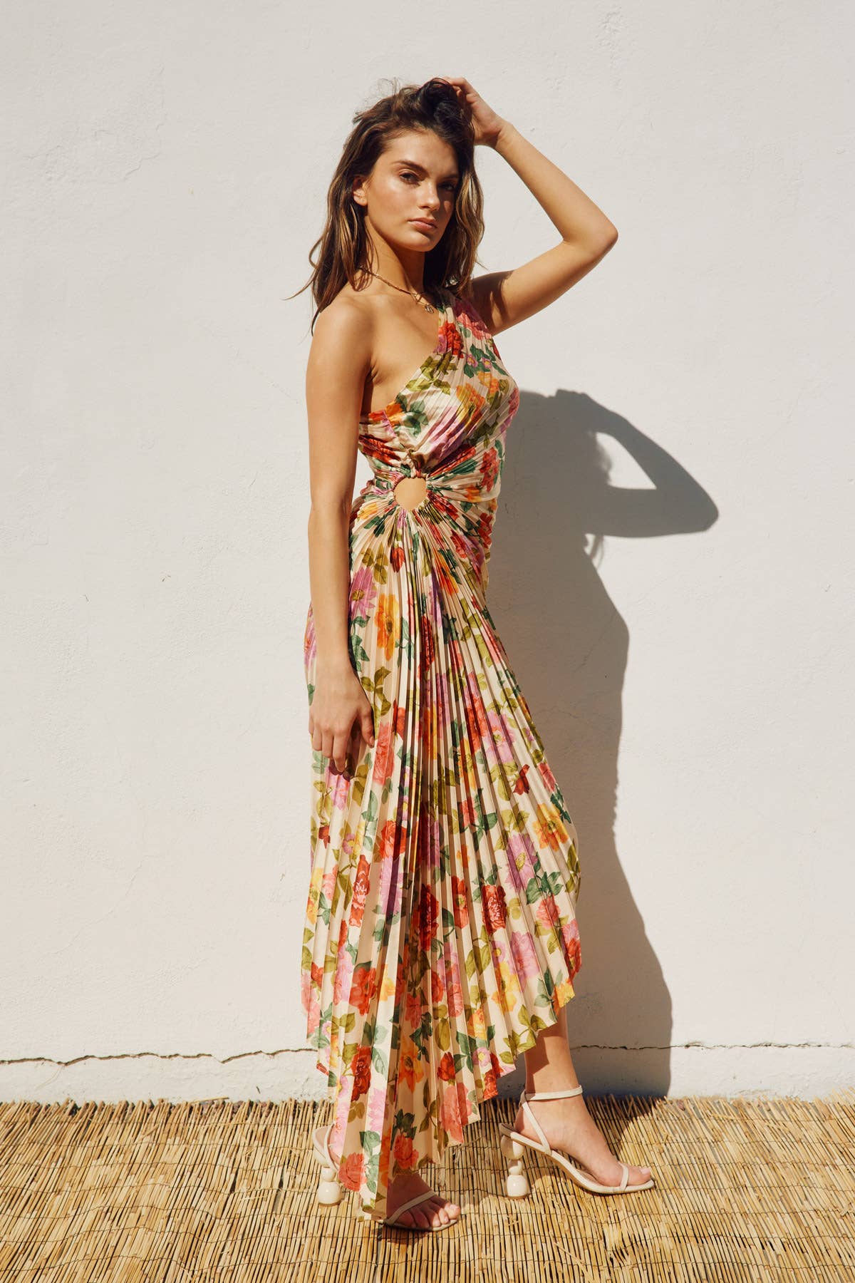 Floral One Shoulder Asymmetrical Pleated Dress