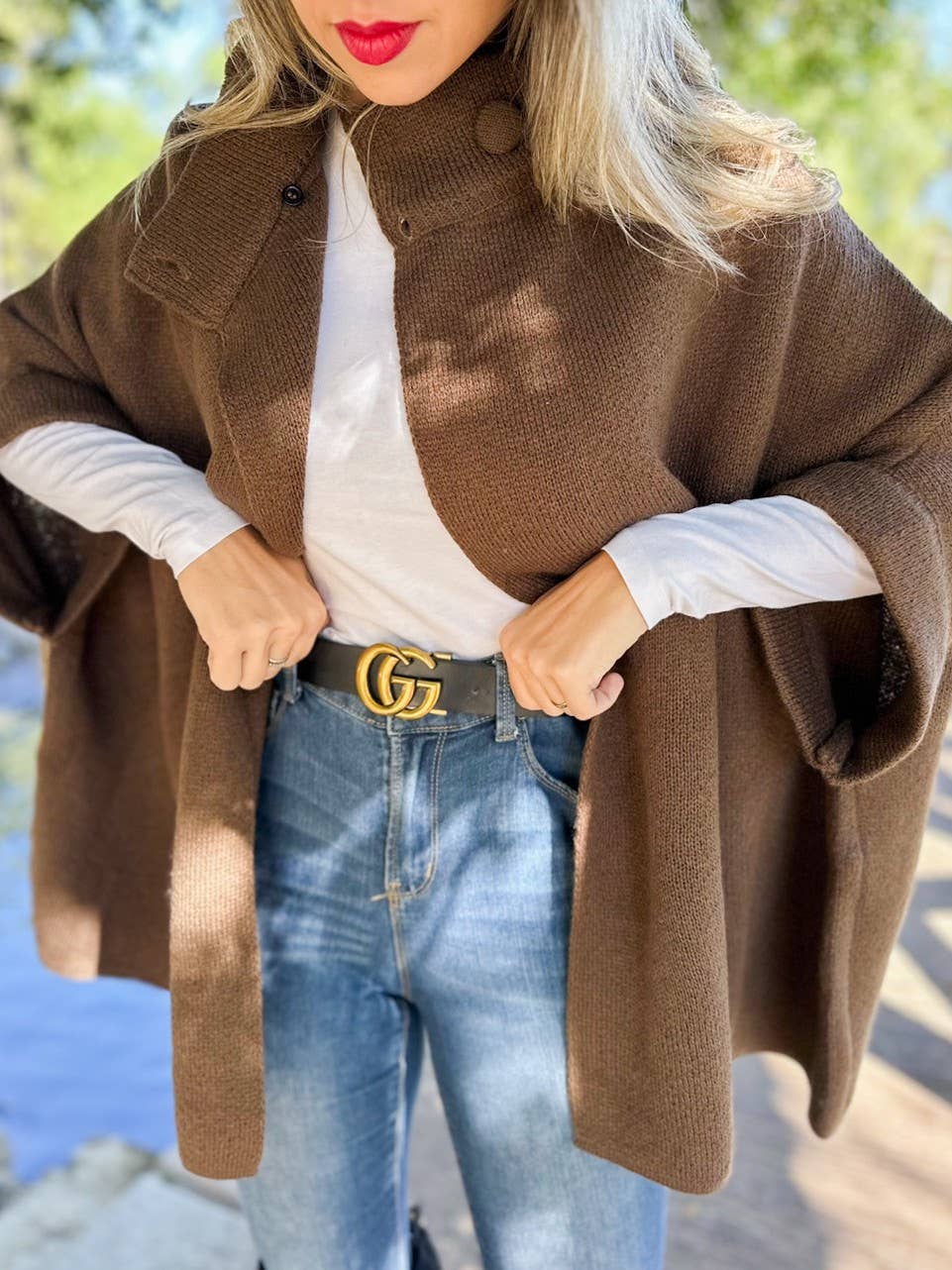 Button Neck Knit Cape Ruana Cardigan – Cozy Wrap