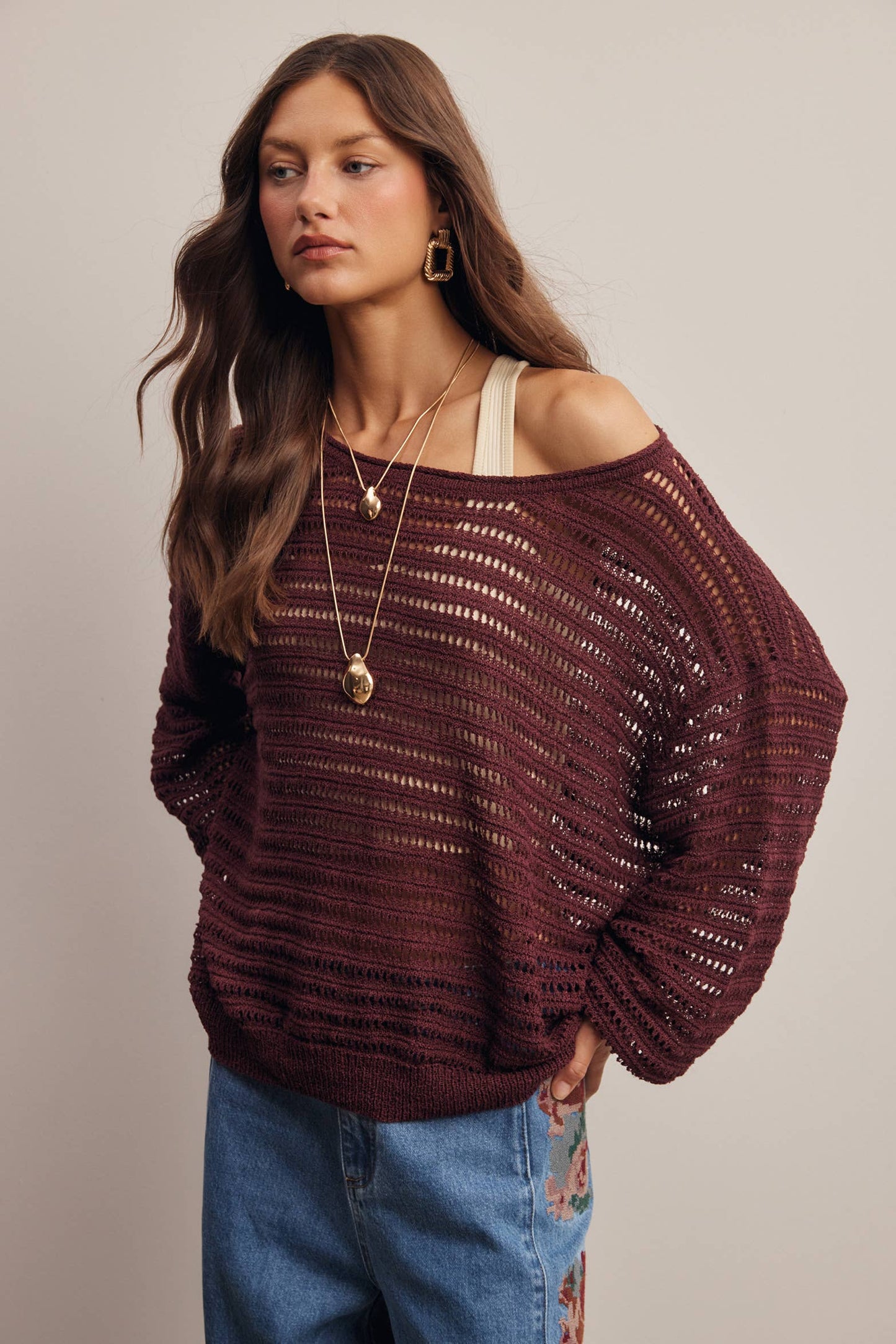 Open-Knit Stripe Sweater Top
