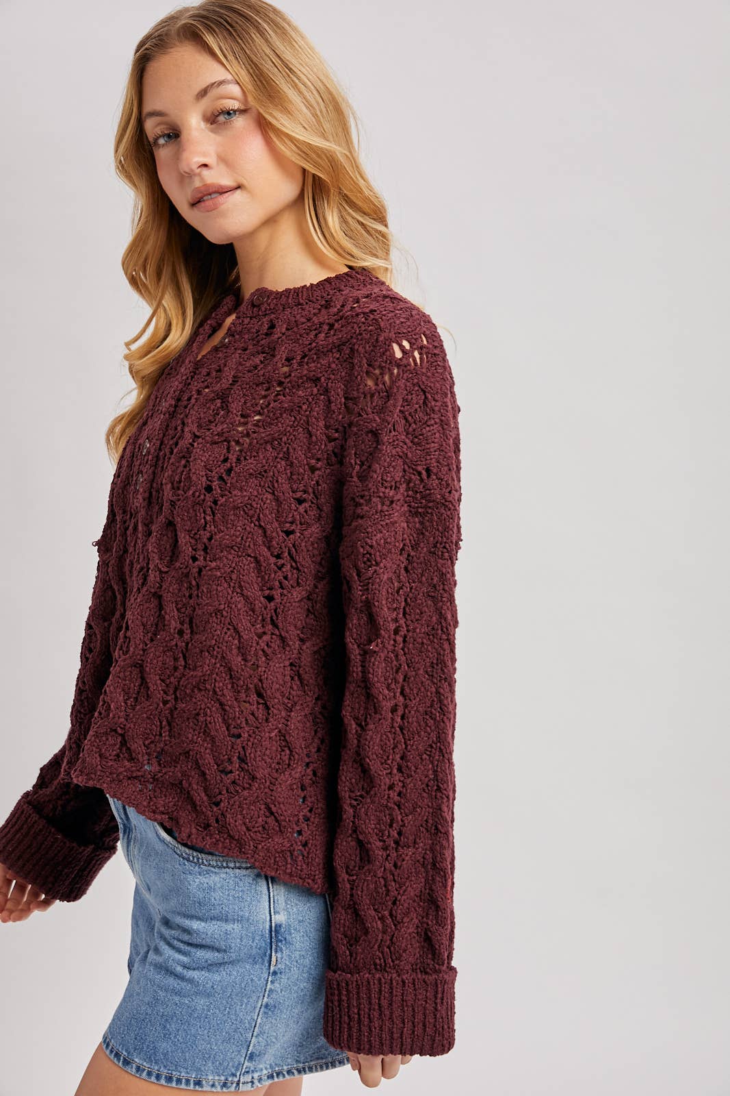 HALF-BUTTON DOWN OPEN KNIT SWEATER