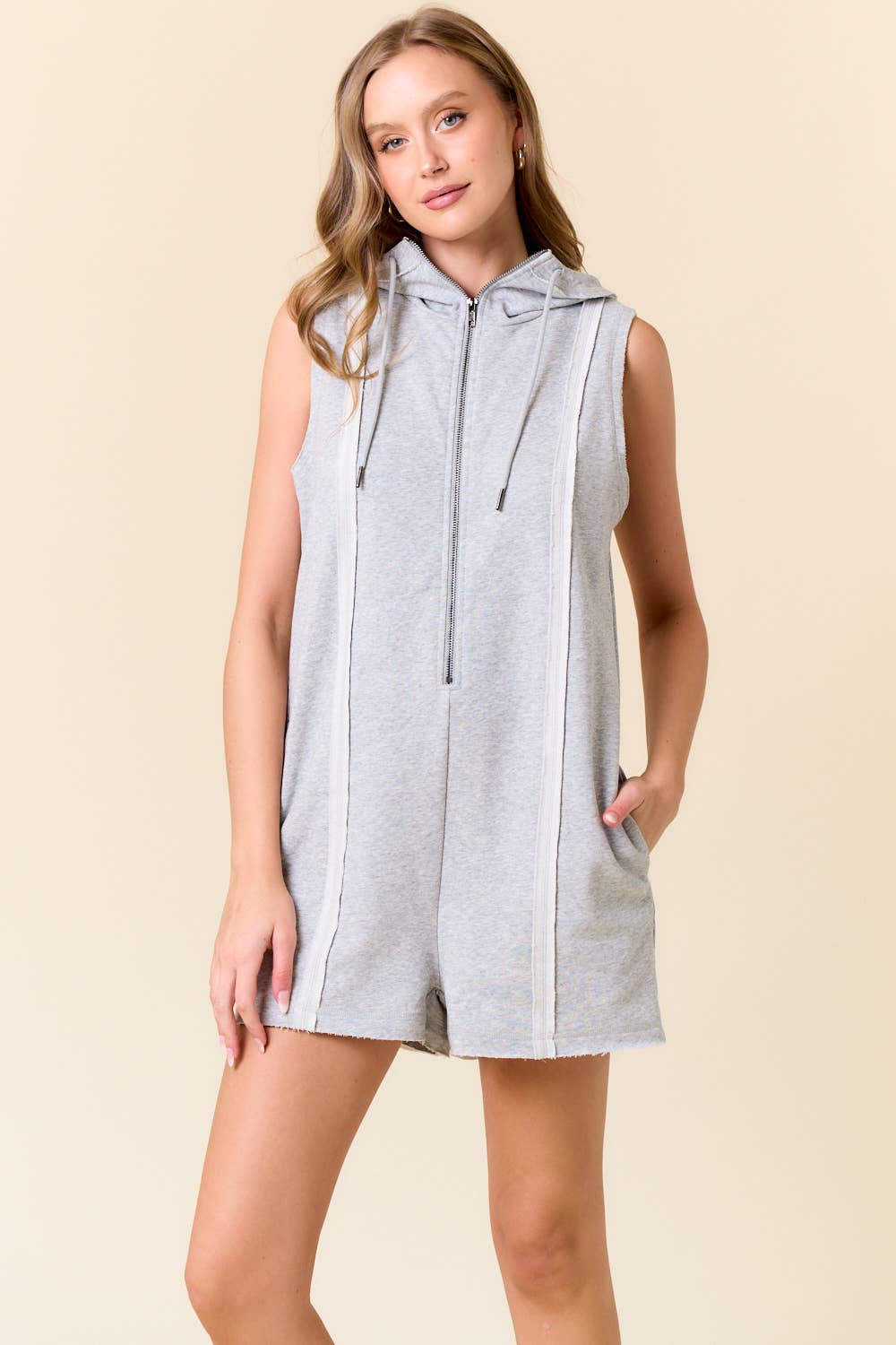 French Terry Zip-Front Sleeveless Hooded Romper
