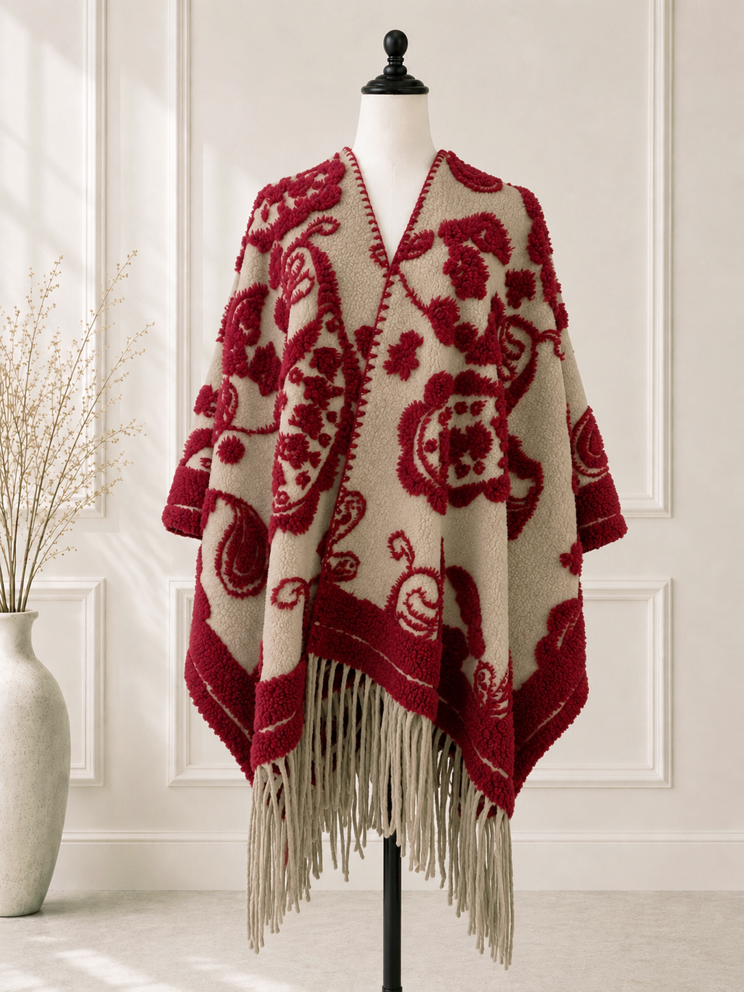 Red Western Boho 3D Fringe Ruana Cardigan