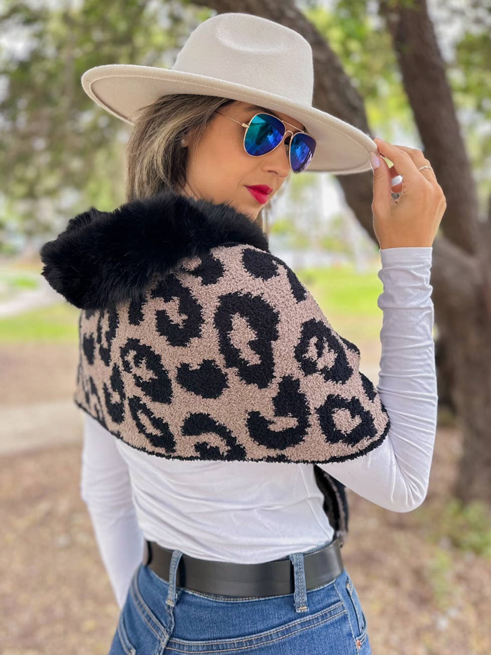 Coffee Brown Leopard Print Faux Fur Trim Knit Shawl Poncho