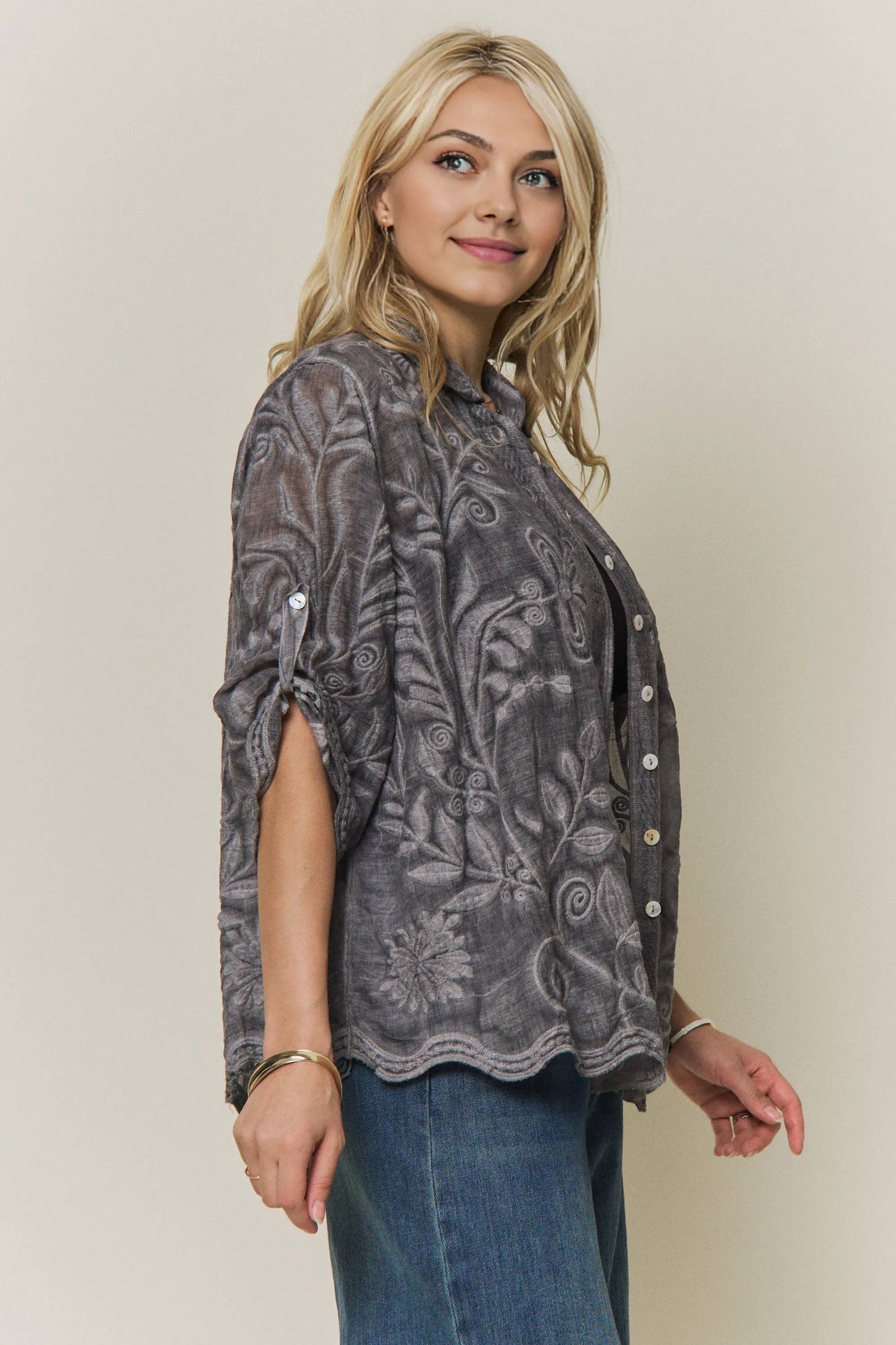 BOHO EMBROIDERED BUTTON-DOWN TOP\