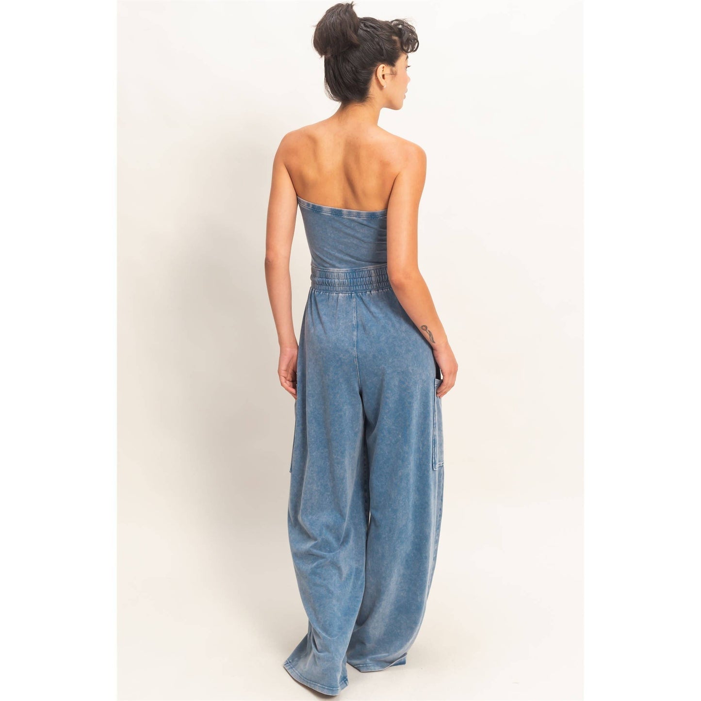 Mineral Wash Strapless Wide-Leg Jumpsuit