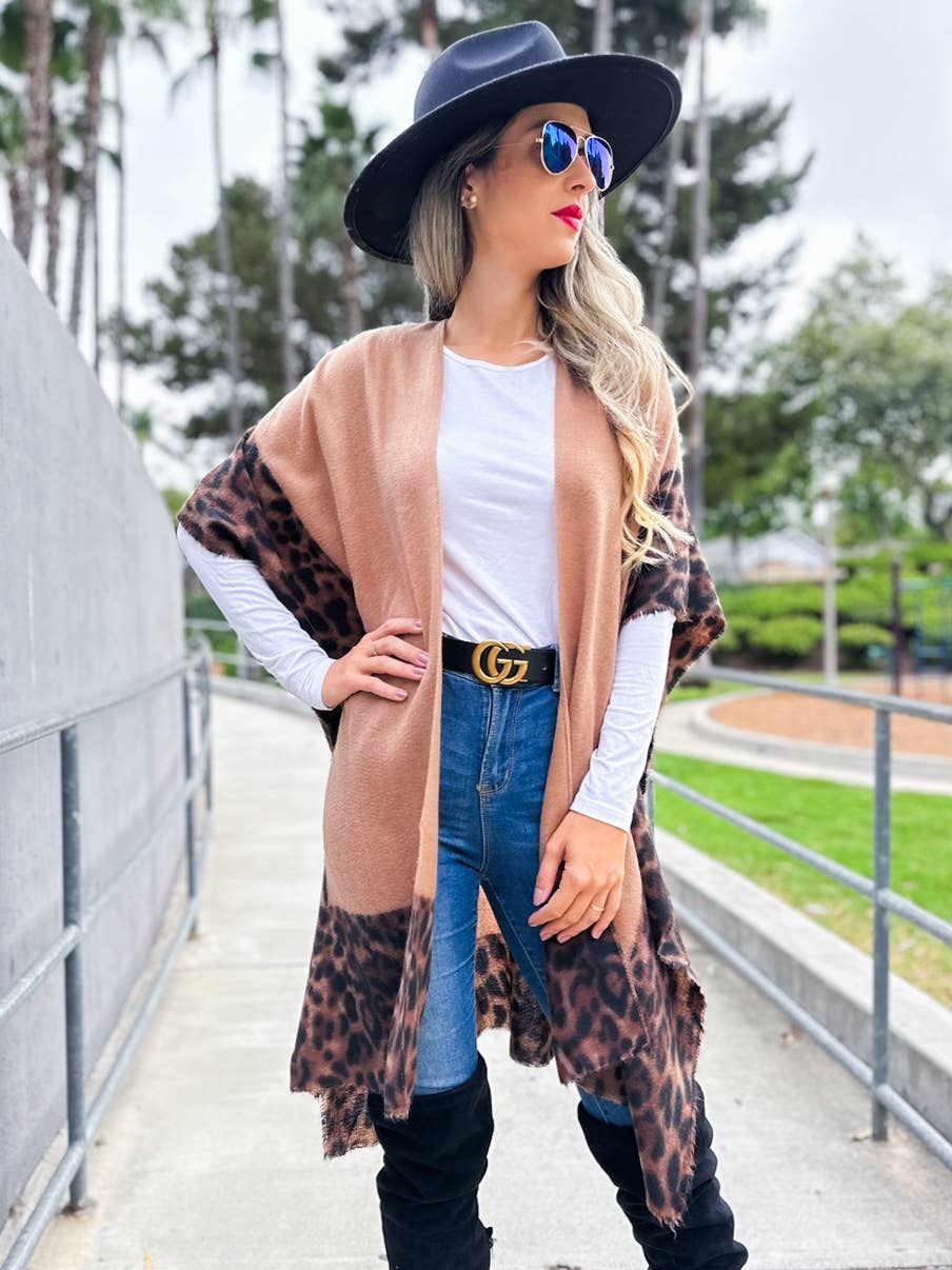 Camel Chic Leopard Print Cutedge Lightweight Ruana Cardigan