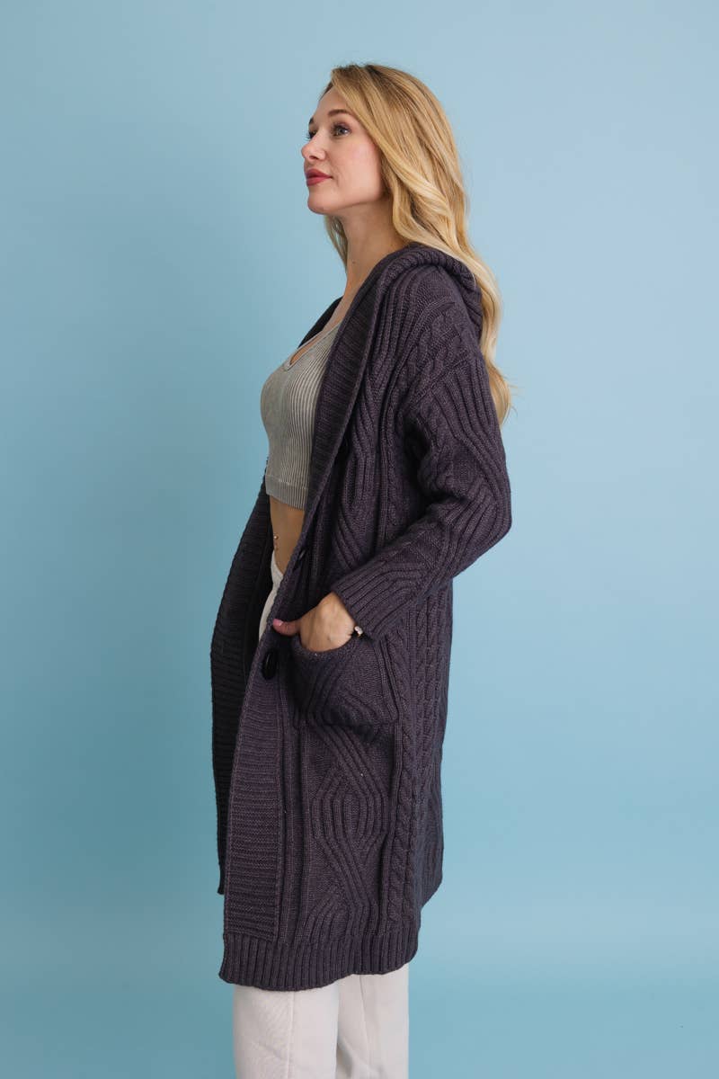 Cable Knit Hooded Cardigan with Large Buttons