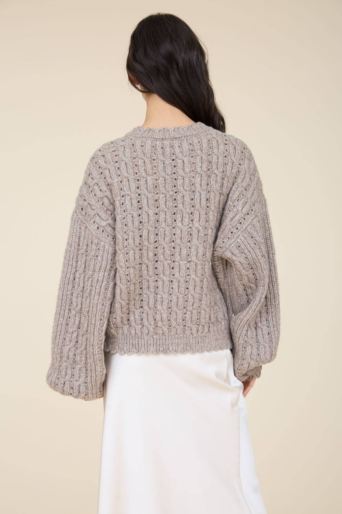 EYELET CABLE KNIT SCALLOPED TRIM KNIT CARDIGAN