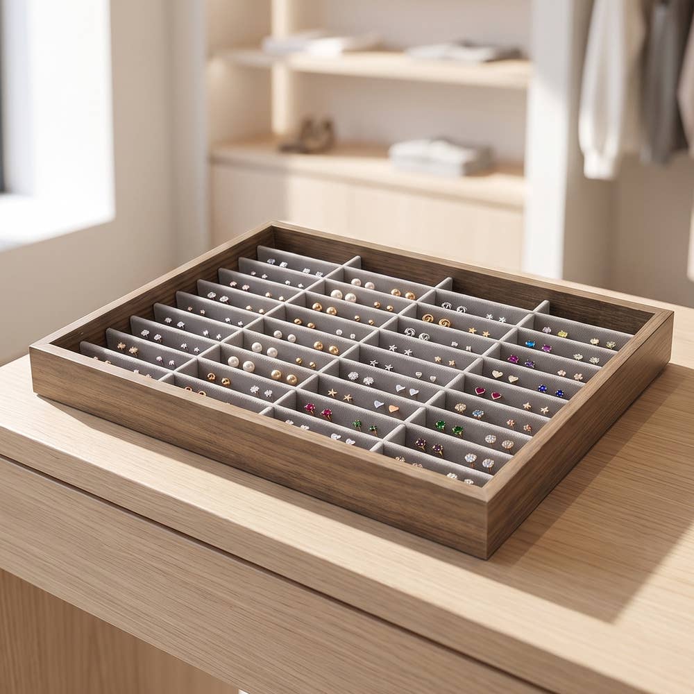 Wooden Slotted Jewelry Display Organizer Tray