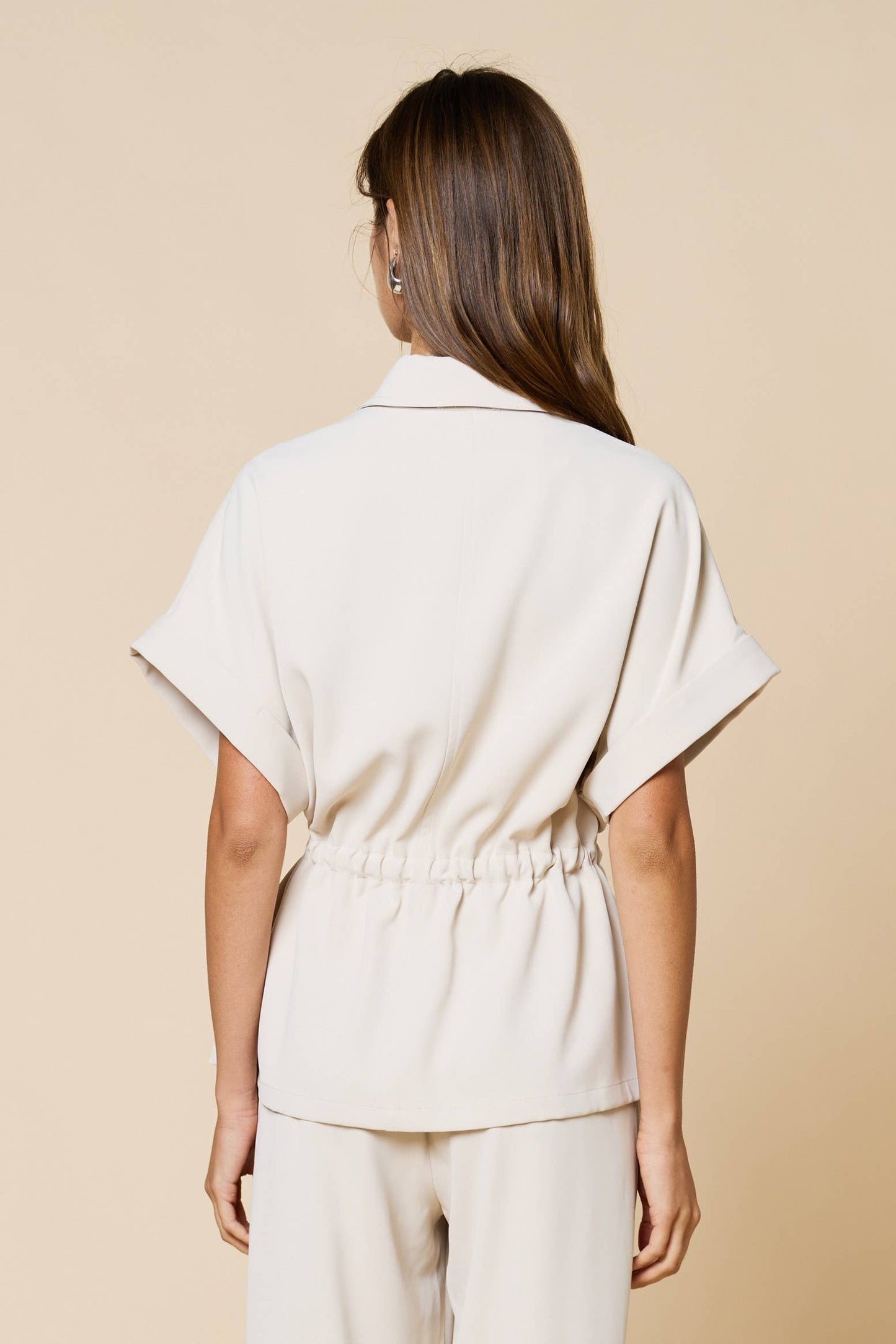Front Zipper Closure Collared Drawstring Blouse