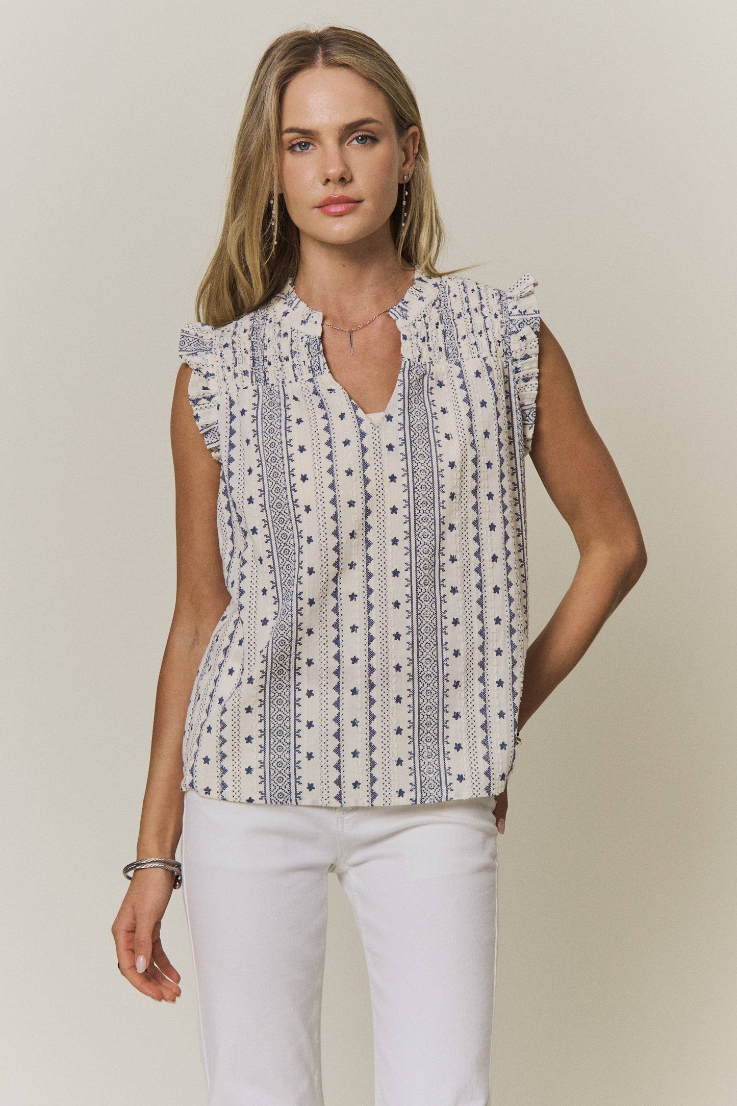BOHO PRINT RUFFLE CAP SLEEVE BLOUSE - CET4357