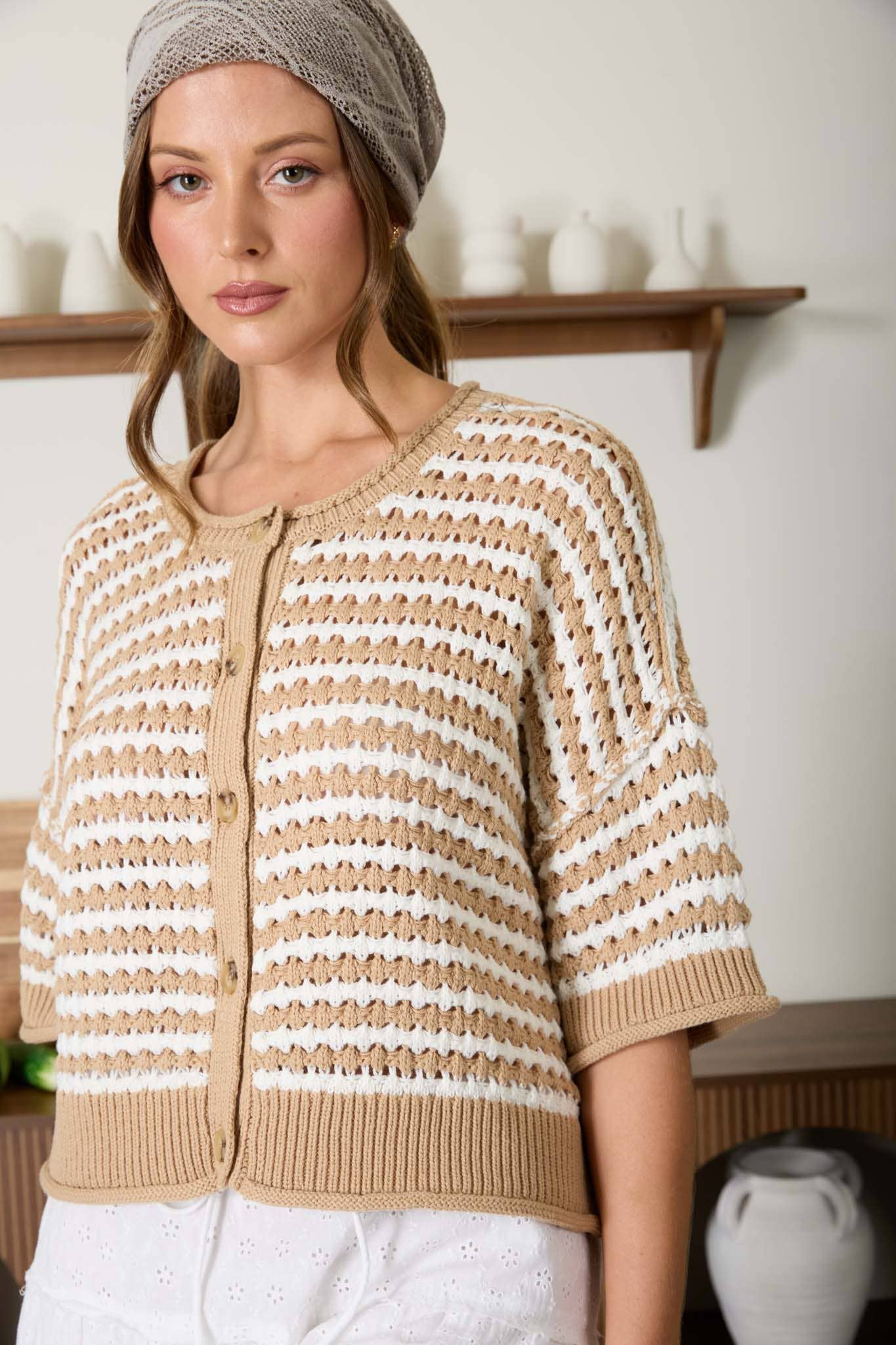 STRIPE SHORT SLEEVE CROCHET KNIT CARDIGAN