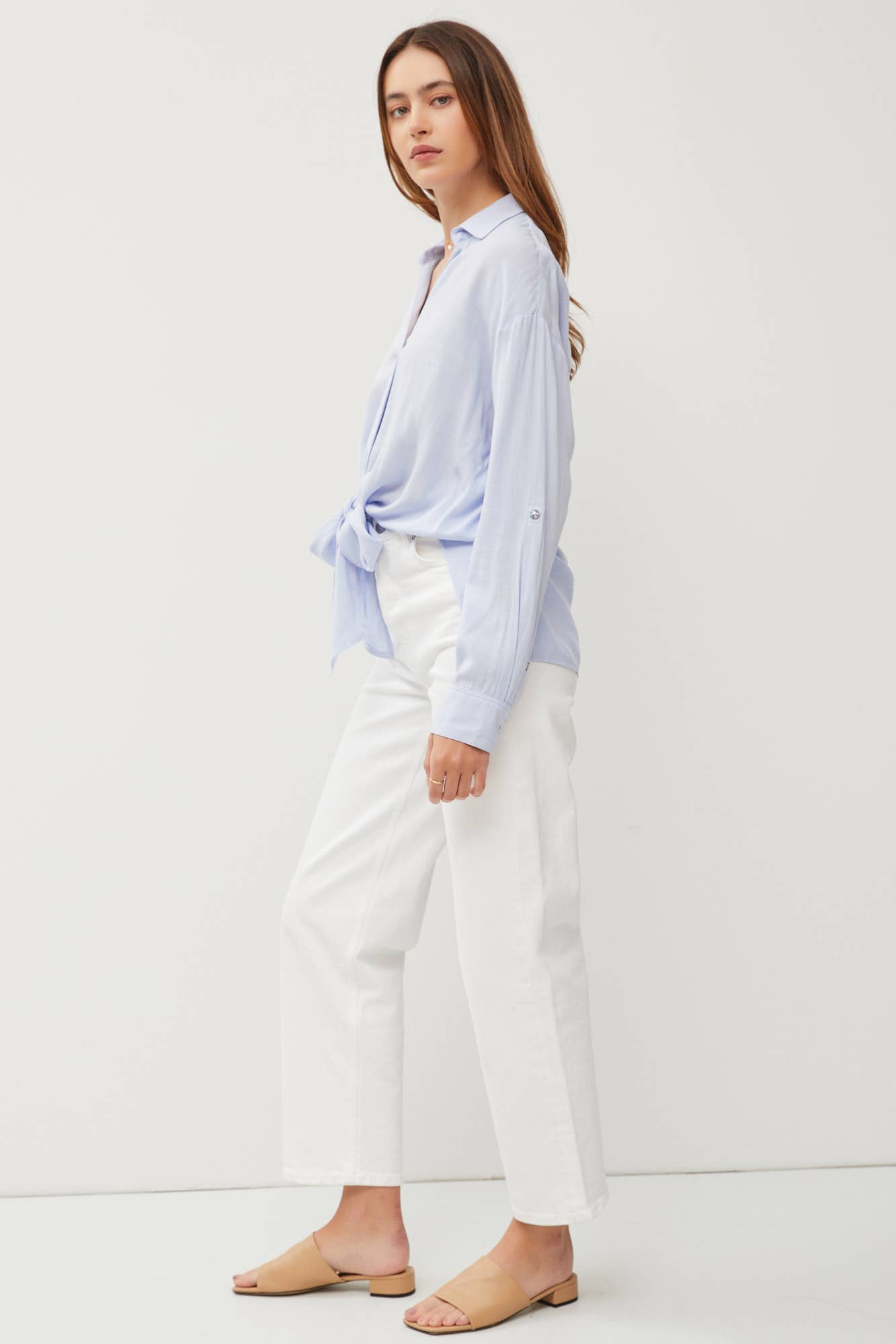 V-NECK TIE FRONT ROLL UP SLEEVE SHIRT: Dusty peach / S