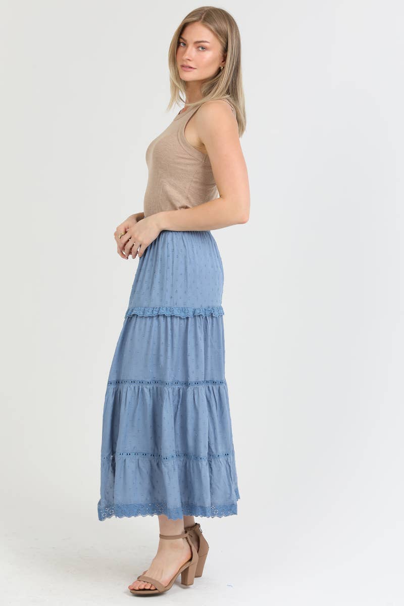 26P74-ASIS TIERED MAXI SKIRT WITH LACE TRIM AND SLIT