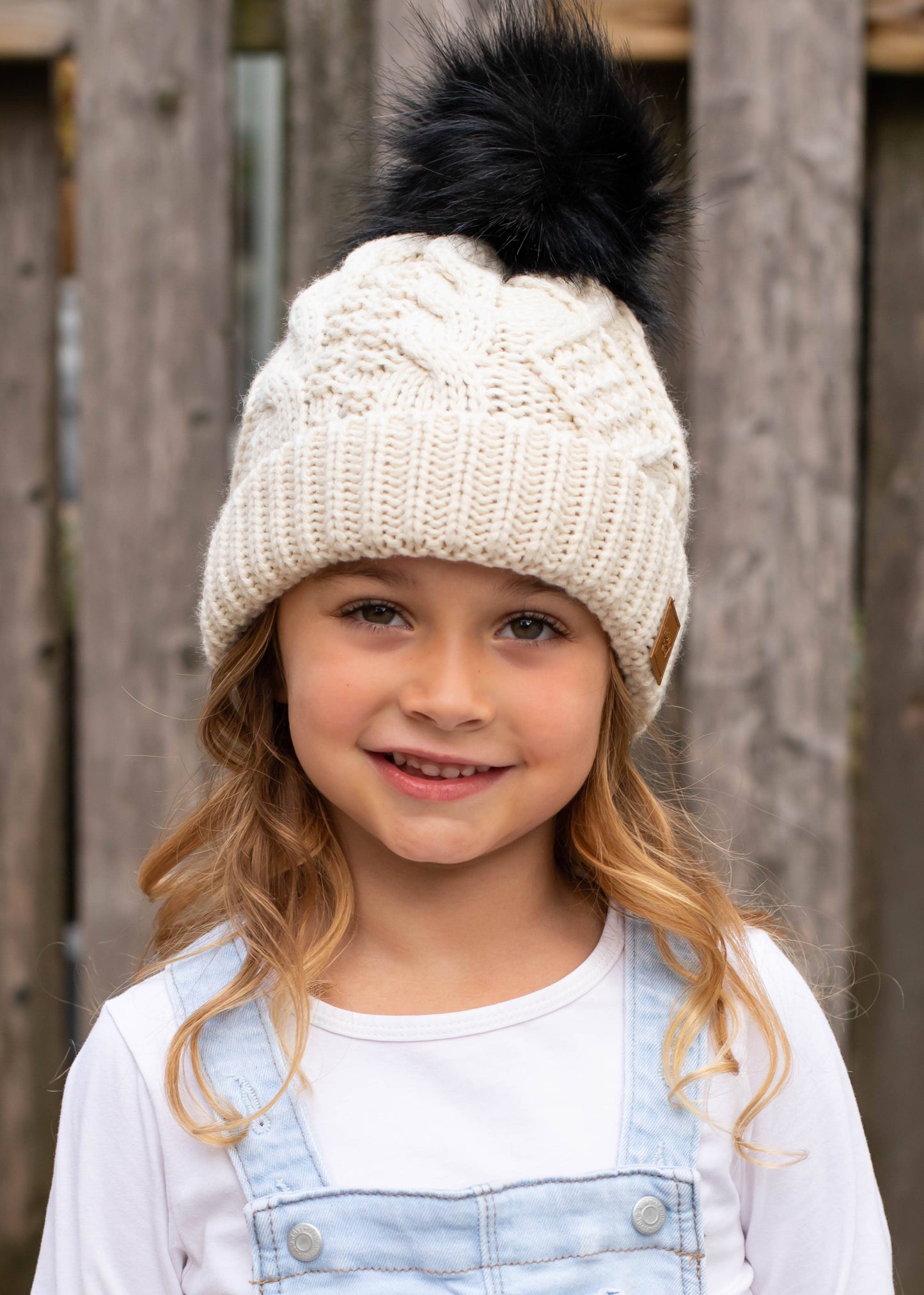 KIDS Ivory Cable Knit Pom Hat