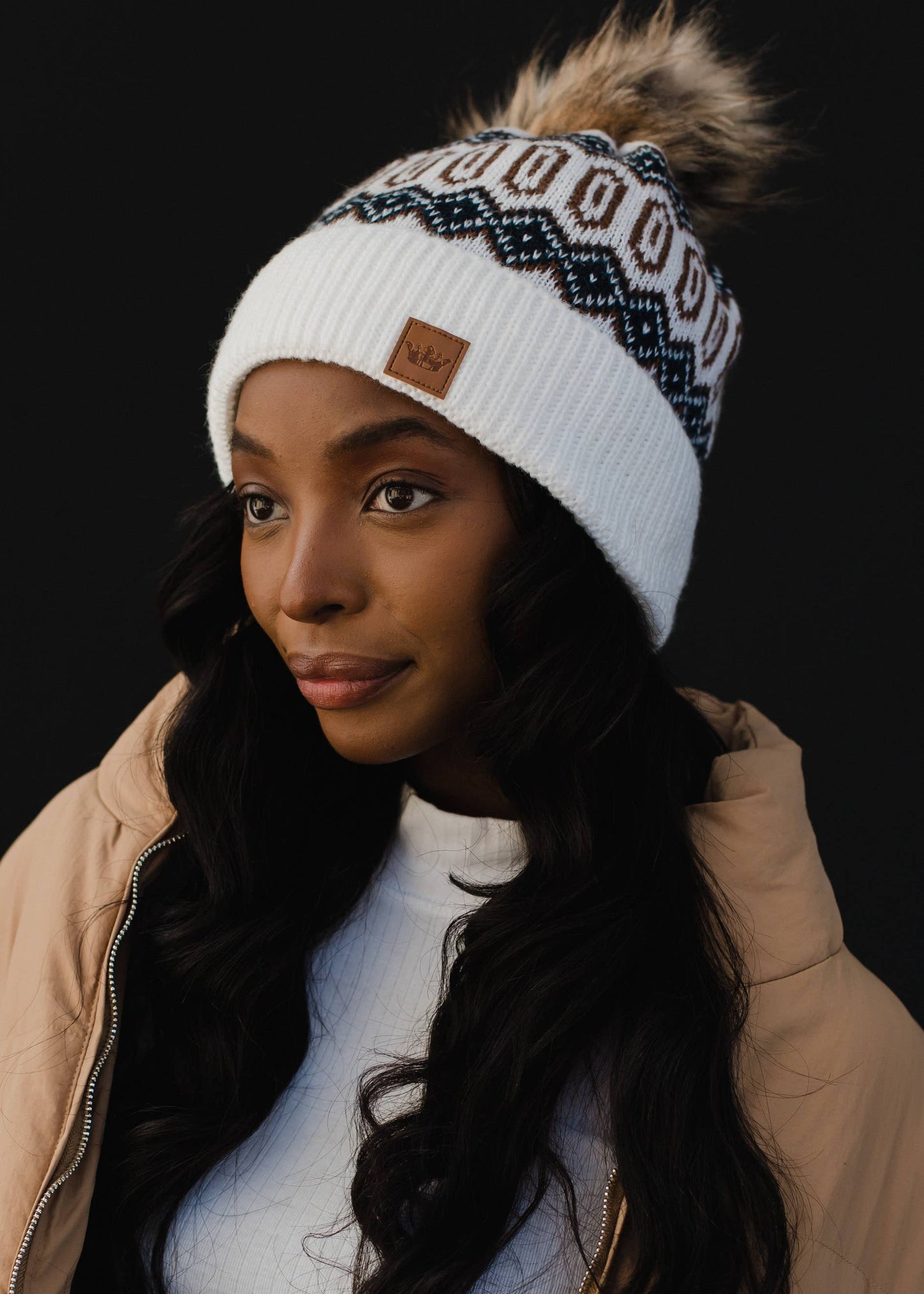 Off White w/ Navy & Brown Patterned Pom Hat