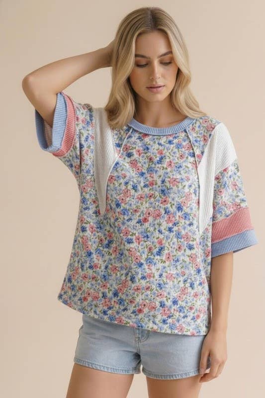 Short Sleeve Color Block Floral Knit Top