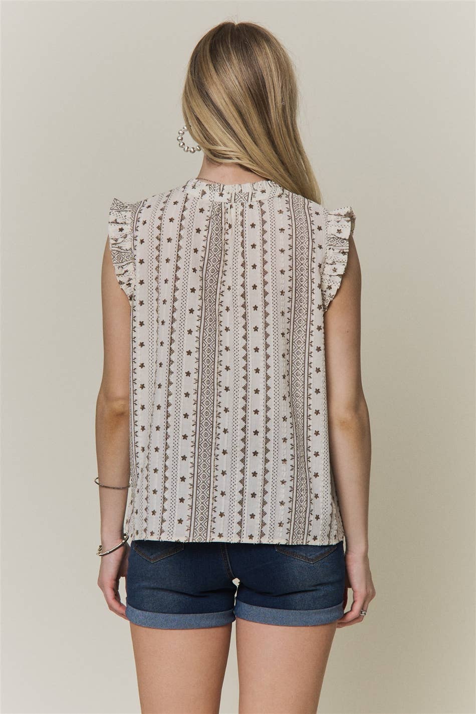 BOHO PRINT RUFFLE CAP SLEEVE BLOUSE - CET4357