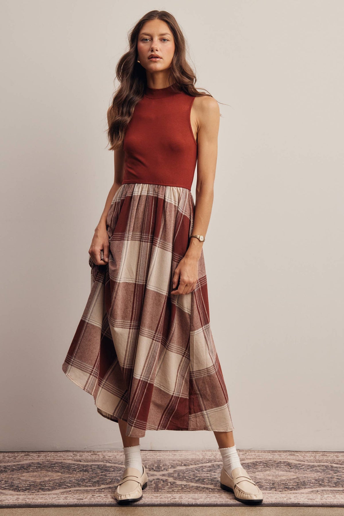 Mock Neck Mixed Media Plaid Midi Dress FD0068
