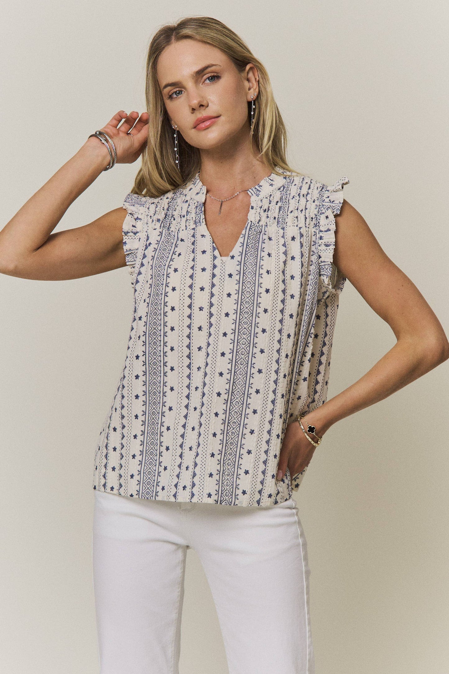 BOHO PRINT RUFFLE CAP SLEEVE BLOUSE - CET4357