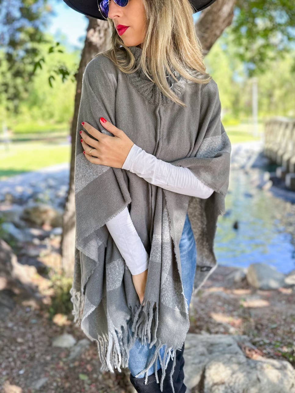 Grey Bold Border Knit Cape Poncho with Buckle Detail