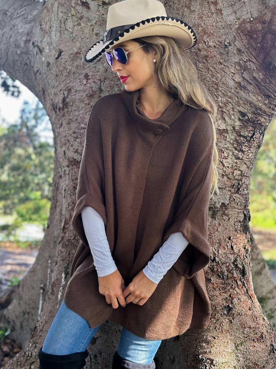 Button Neck Knit Cape Ruana Cardigan – Cozy Wrap