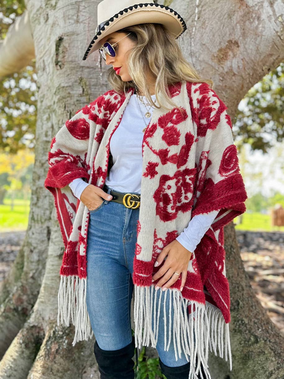 Red Western Boho 3D Fringe Ruana Cardigan