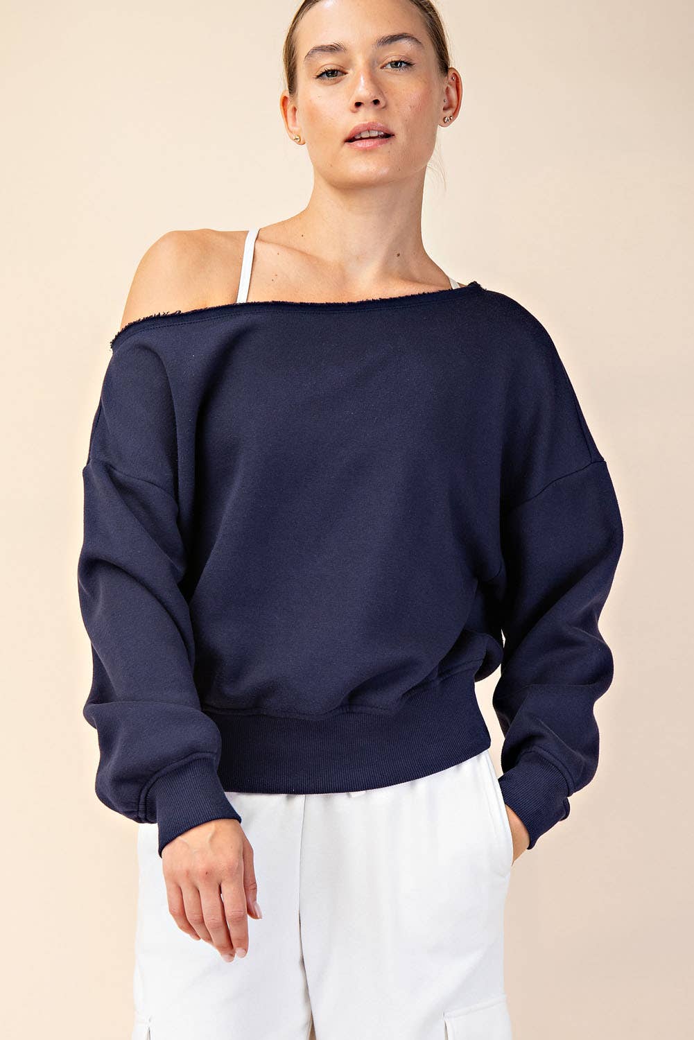 FRENCH TERRY FLEECE OFF SHOULDER TOP