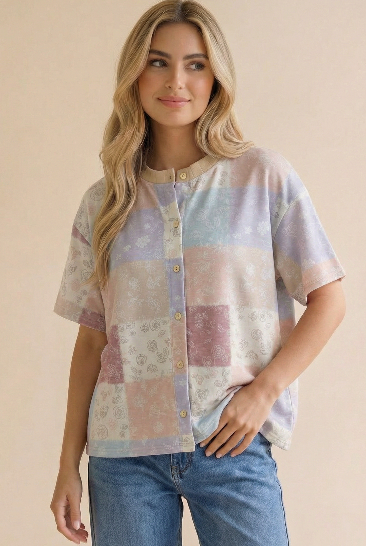 Crew Neck Button Down Patchwork Cardigan