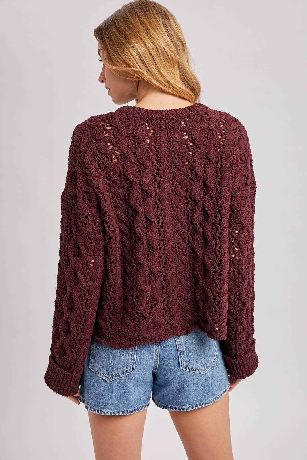 HALF-BUTTON DOWN OPEN KNIT SWEATER