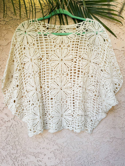 Ivory Boho Floral Crochet Dolman Sleeve Knit Top