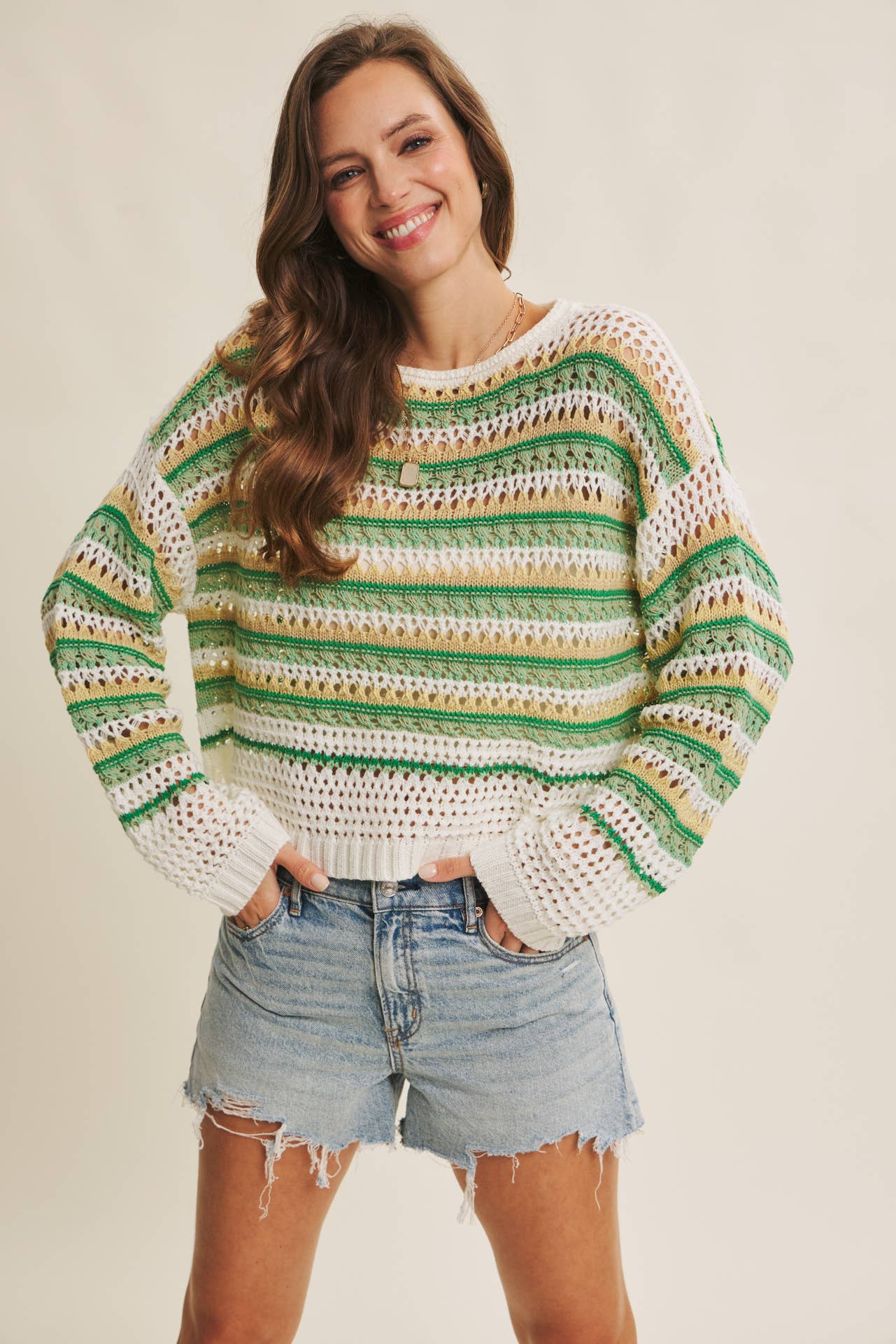 SUNSET DRIVE RELAXED FIT AIRY OPEN-KNIT CROCHET SWEATER