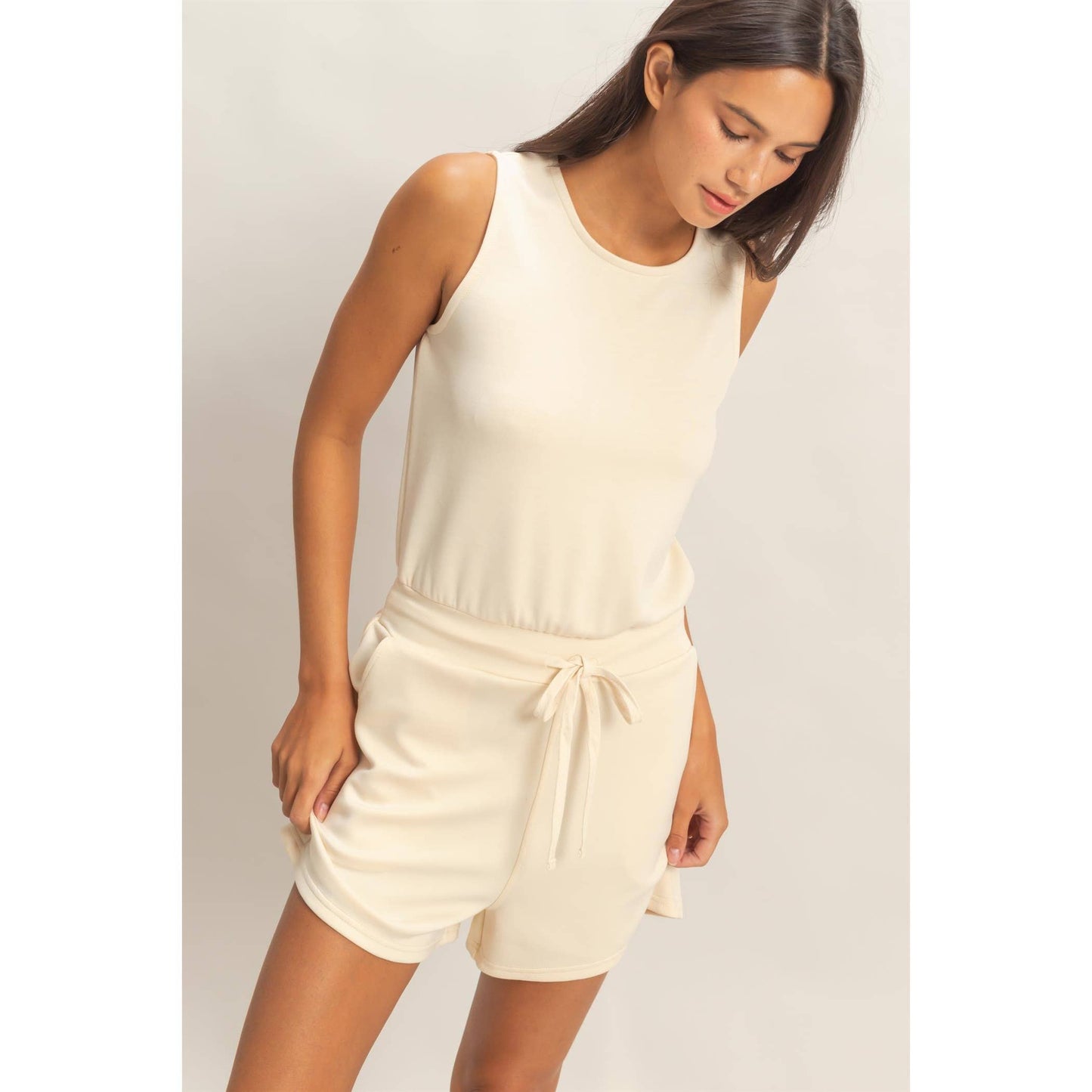 Drawstring Waist Sleeveless Romper