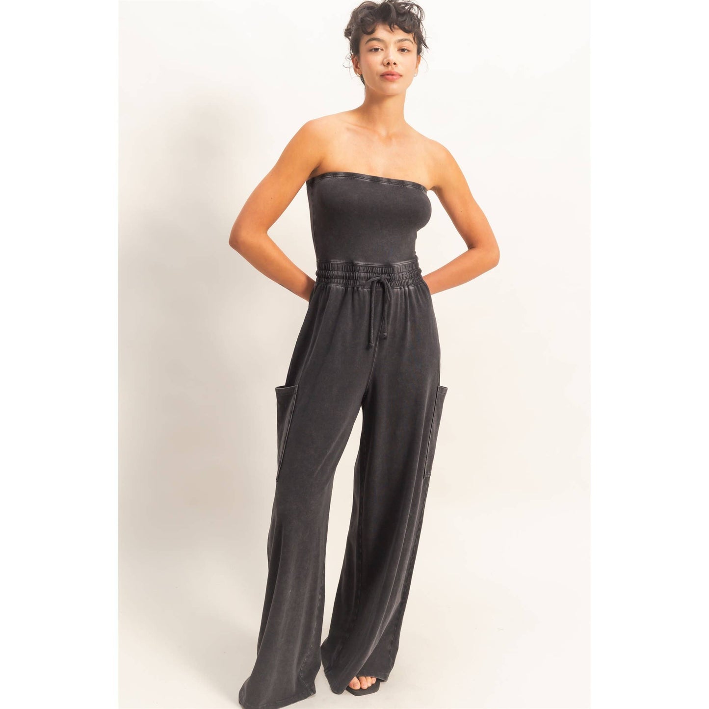 Mineral Wash Strapless Wide-Leg Jumpsuit