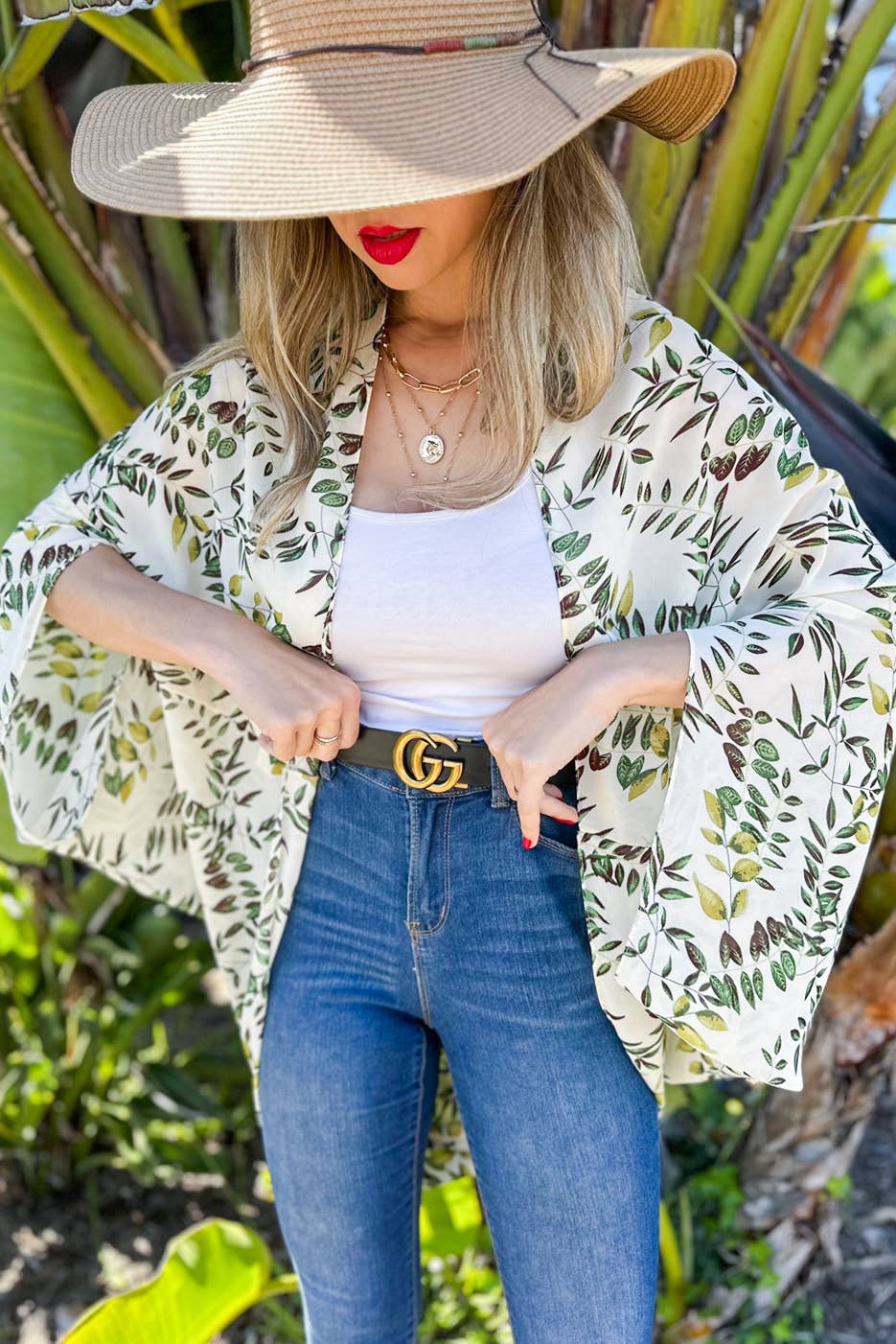 White Multi Leaves Printed Chiffon Shrug Kimono Cover Up