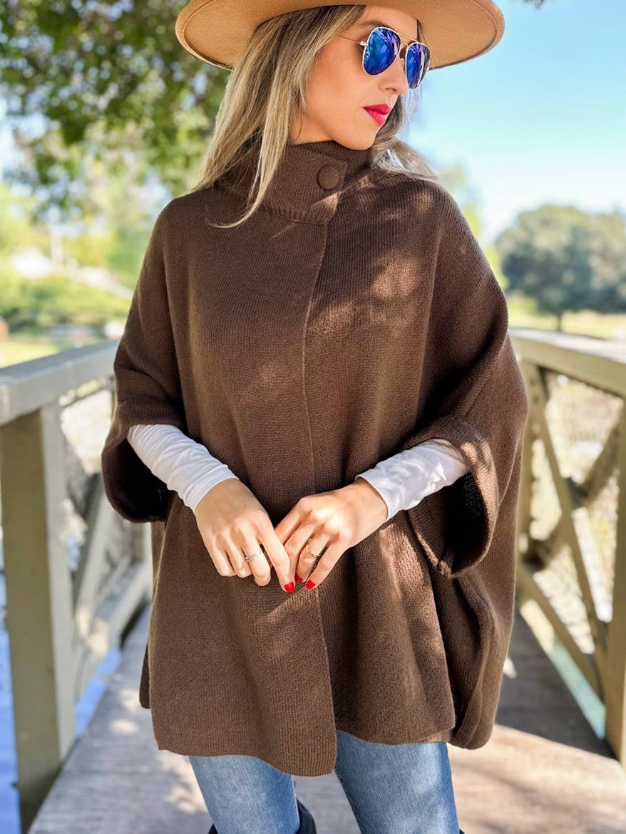 Button Neck Knit Cape Ruana Cardigan – Cozy Wrap
