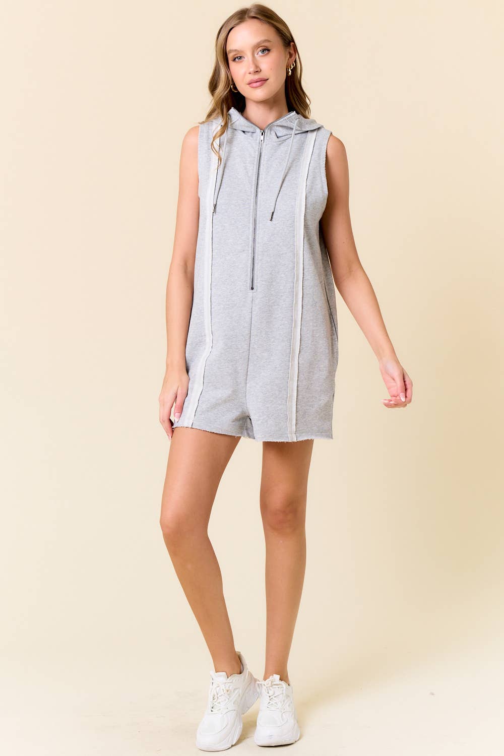French Terry Zip-Front Sleeveless Hooded Romper