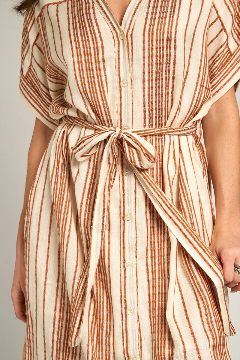 Striped Belted Shirt Midi Dress