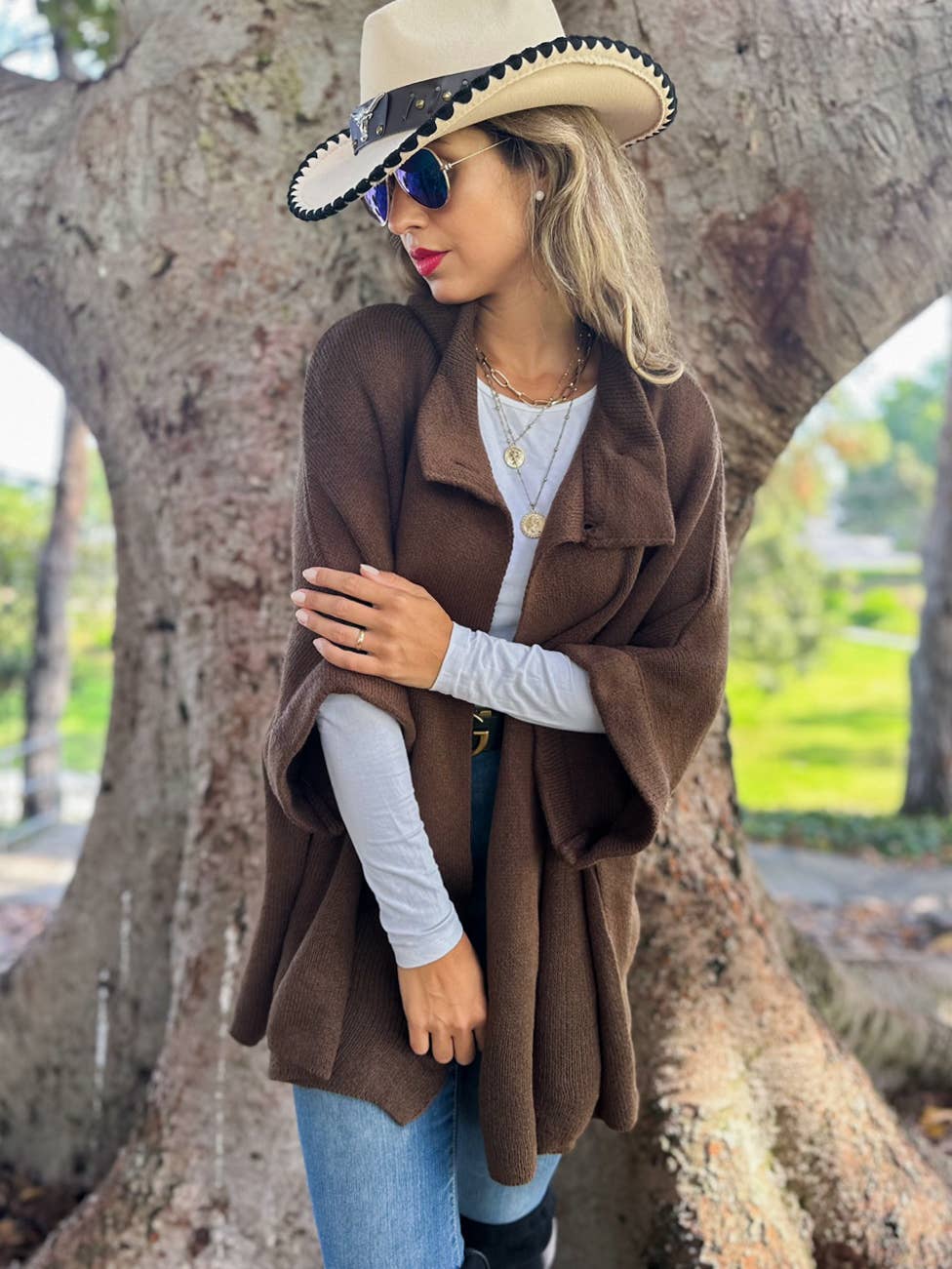 Button Neck Knit Cape Ruana Cardigan – Cozy Wrap