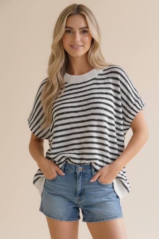 Dolman Short Sleeve Stripe Sweater Knit Top