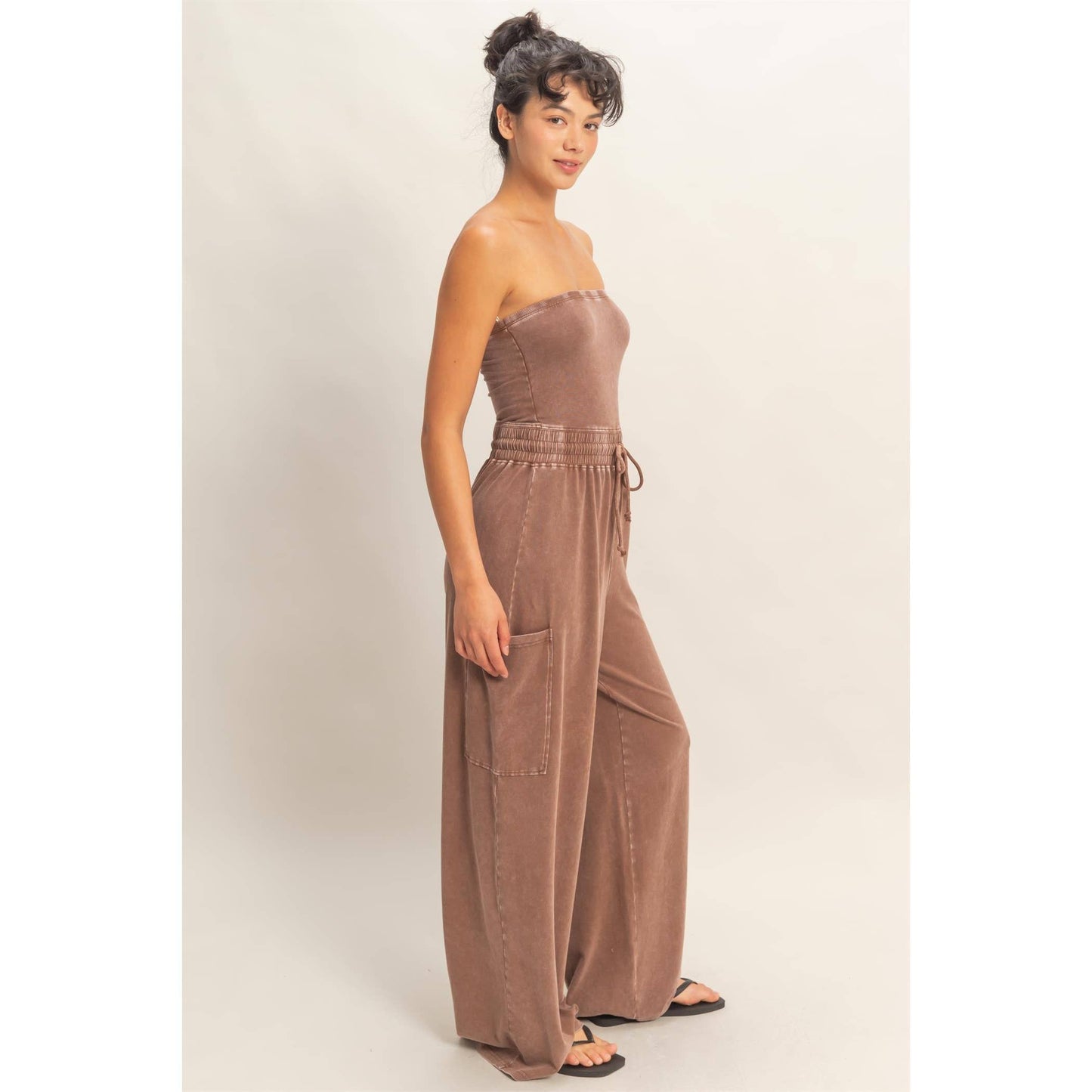 Mineral Wash Strapless Wide-Leg Jumpsuit