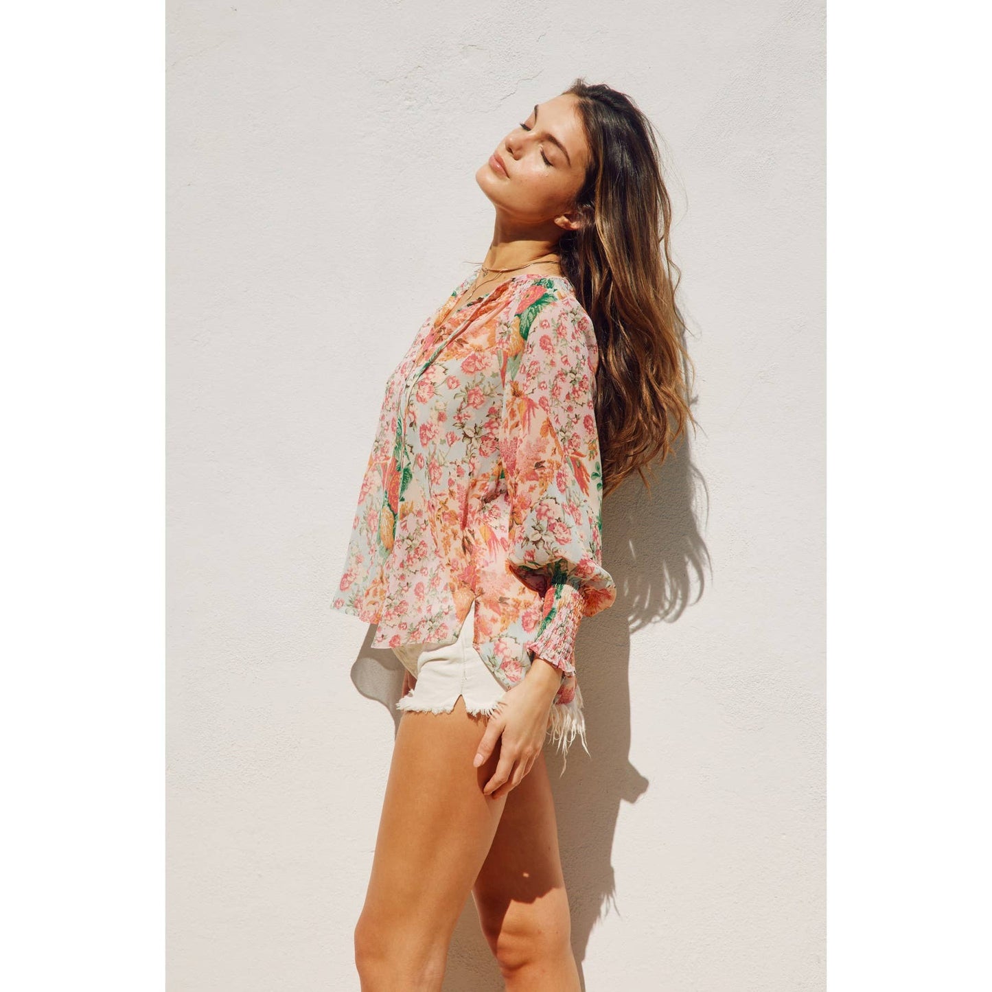 Flower Patch Smocked Neckline Flowy Blouse