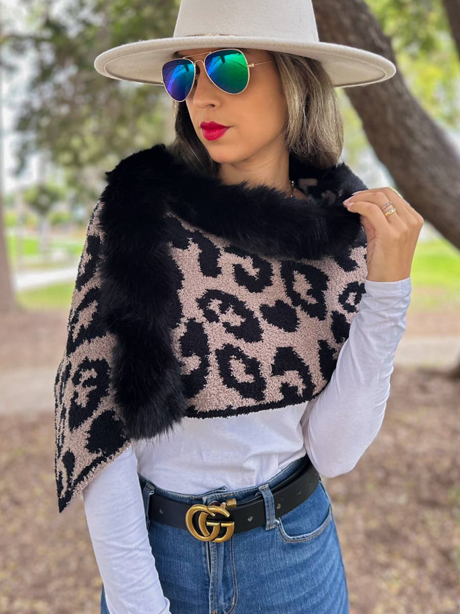 Coffee Brown Leopard Print Faux Fur Trim Knit Shawl Poncho