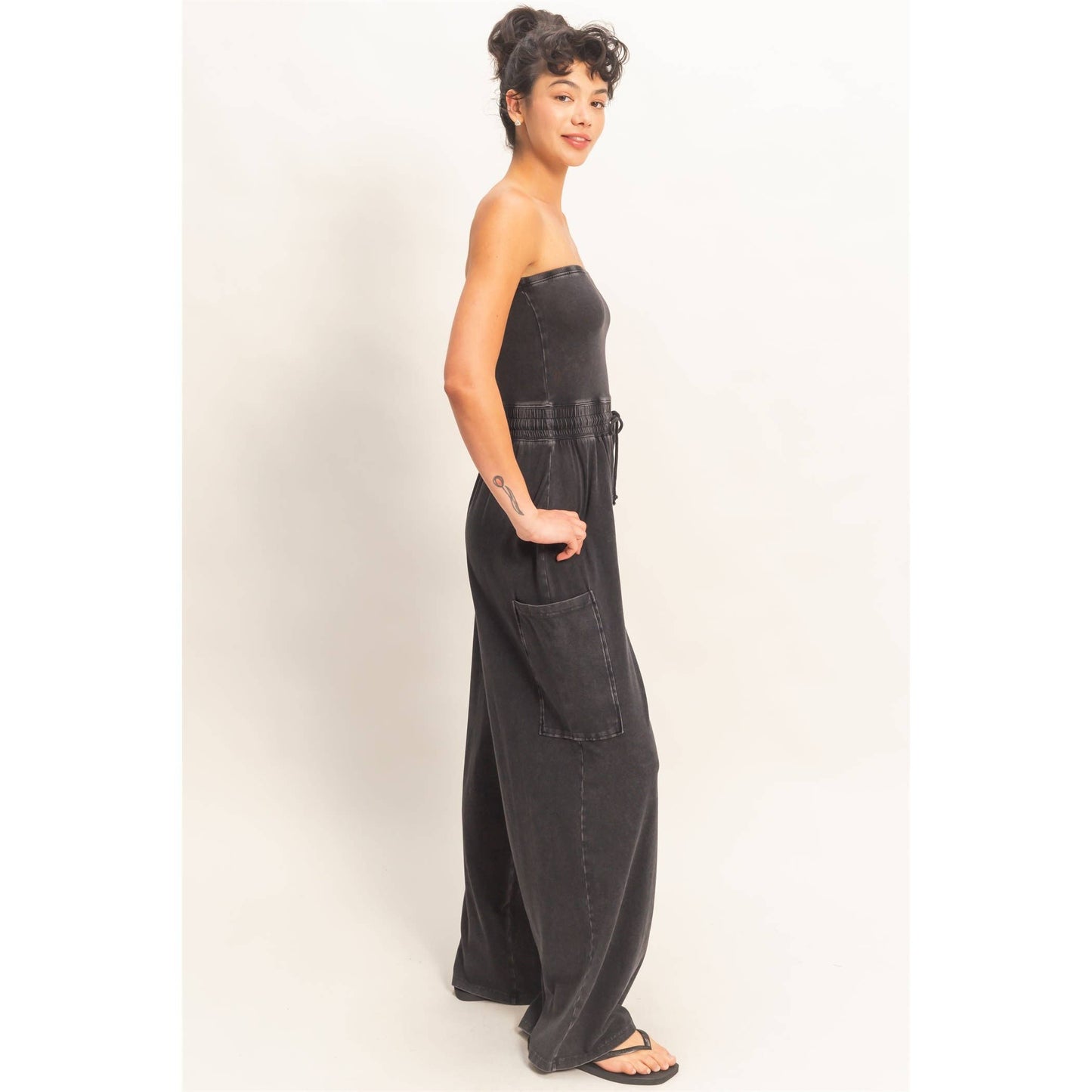 Mineral Wash Strapless Wide-Leg Jumpsuit