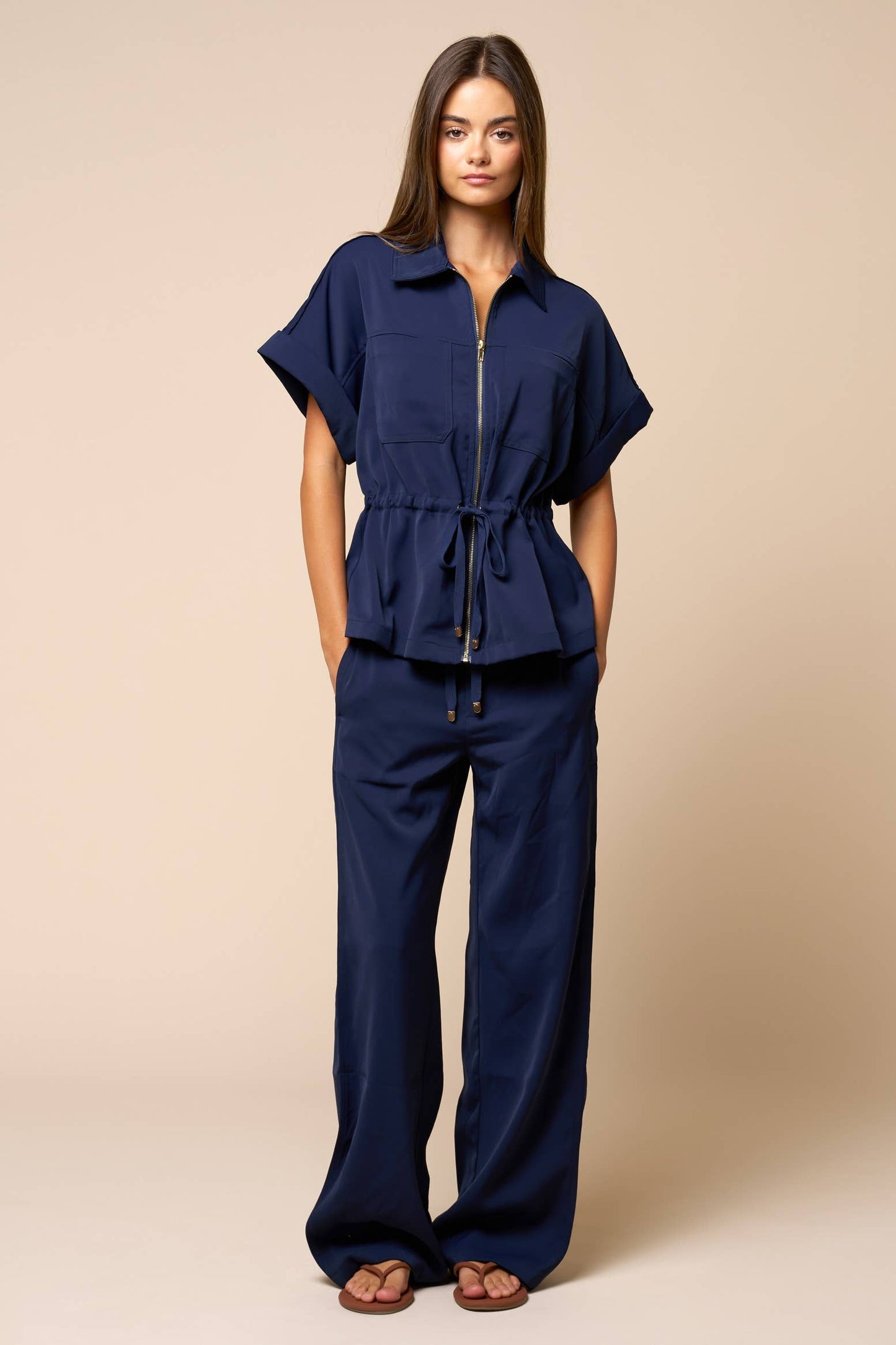Front Zipper Closure Collared Drawstring Blouse