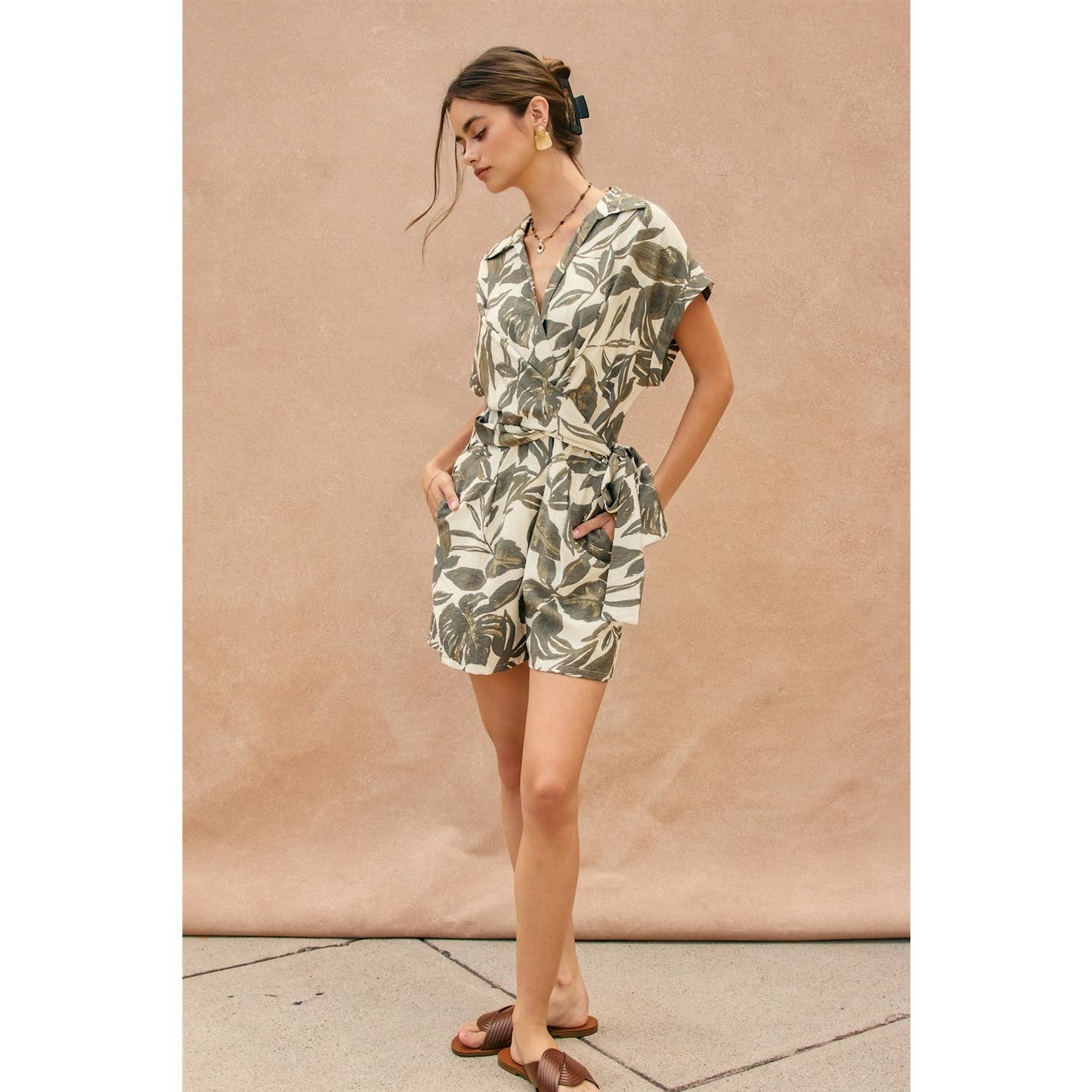 Swaying Palms Surplice Waist Tie Romper