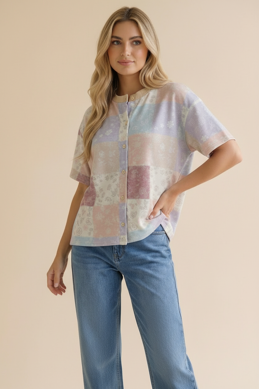 Crew Neck Button Down Patchwork Cardigan